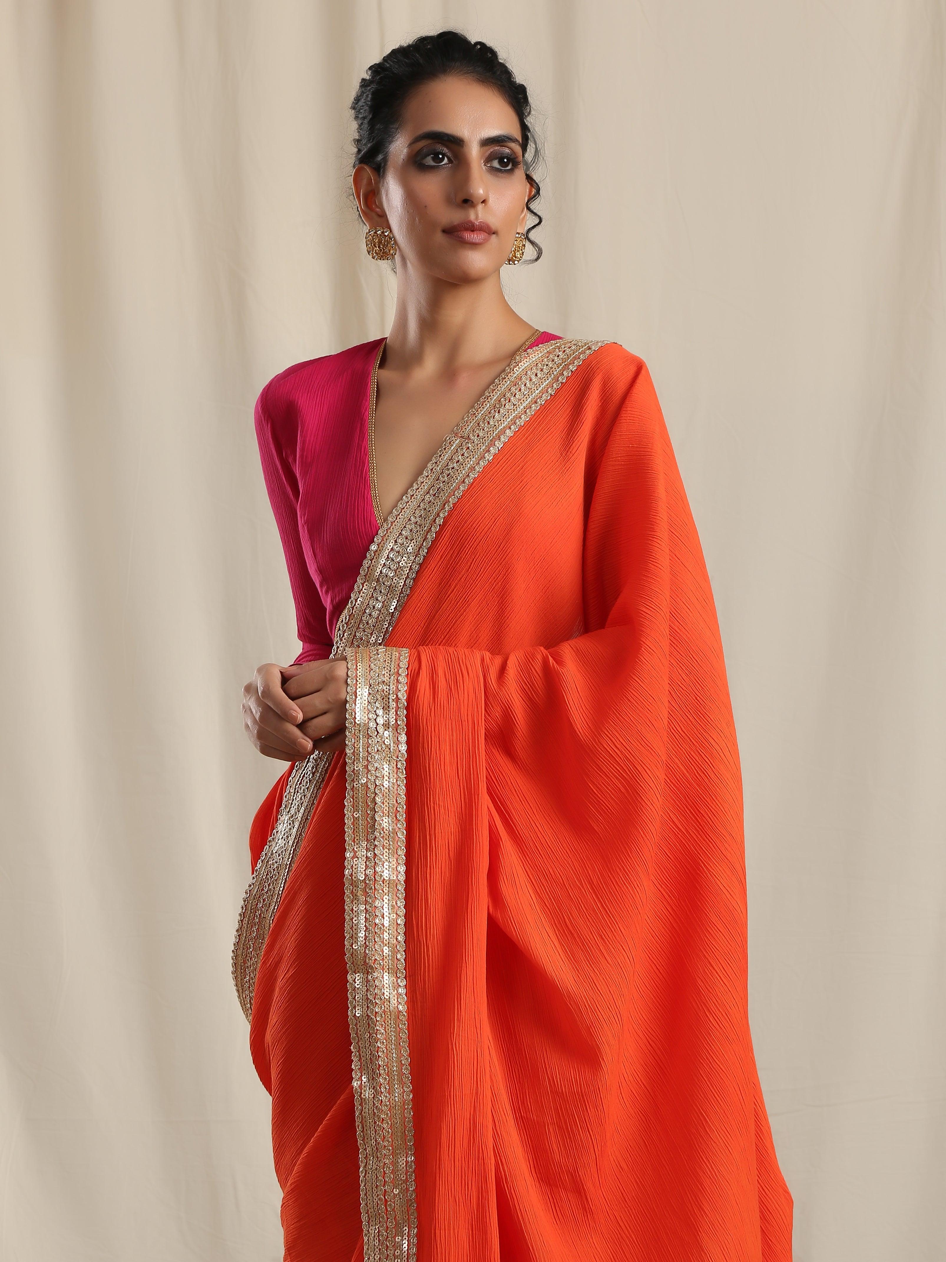 Orange Crinkle Ready to Wear Gota Saree - trueBrowns