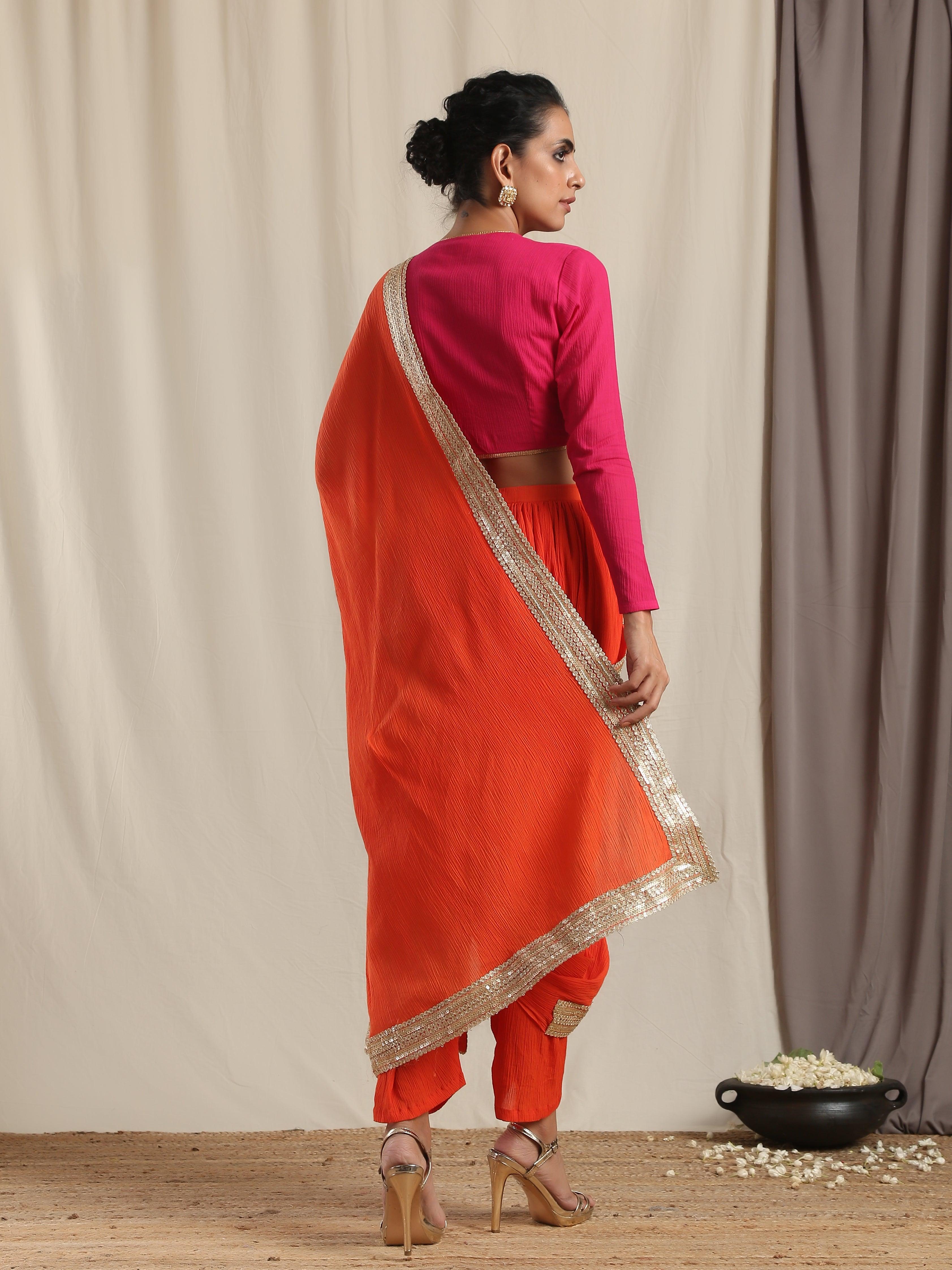 Orange Crinkle Ready to Wear Gota Saree - trueBrowns