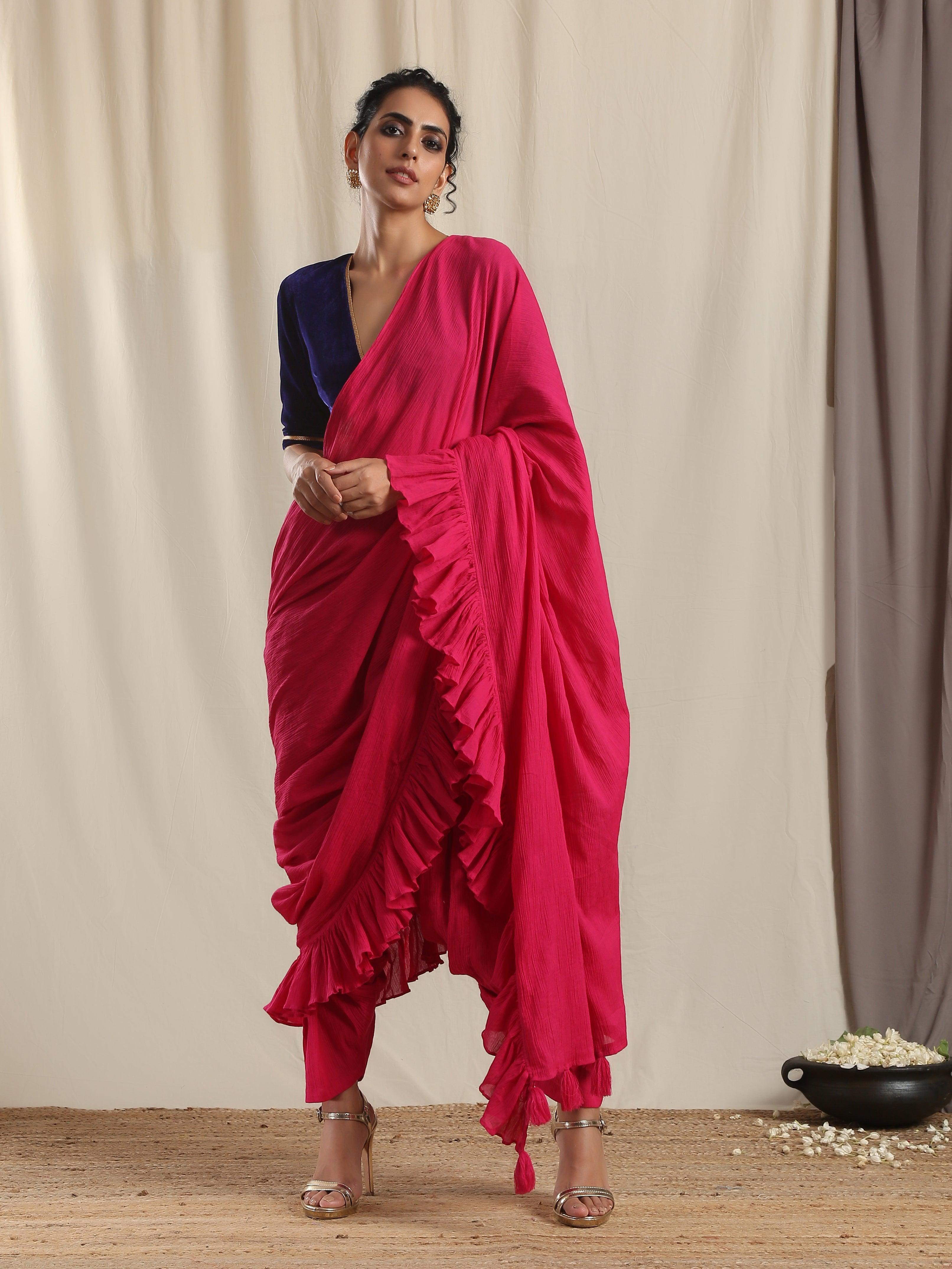 Pink Crinkle Ready to Wear Ruffle Tassel Saree - trueBrowns