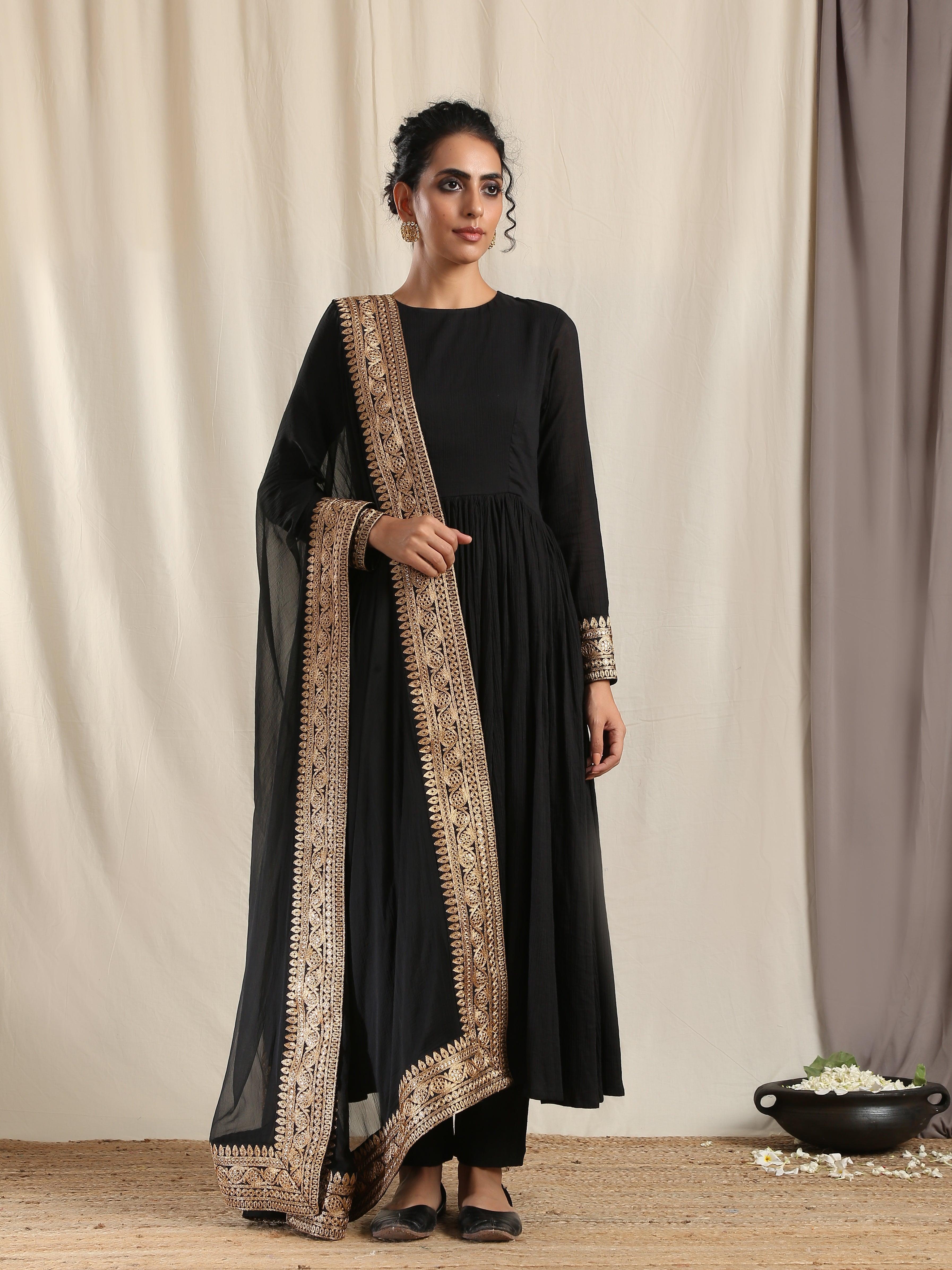 Black Crinkle Flared Kurta Pant Dupatta Set - trueBrowns