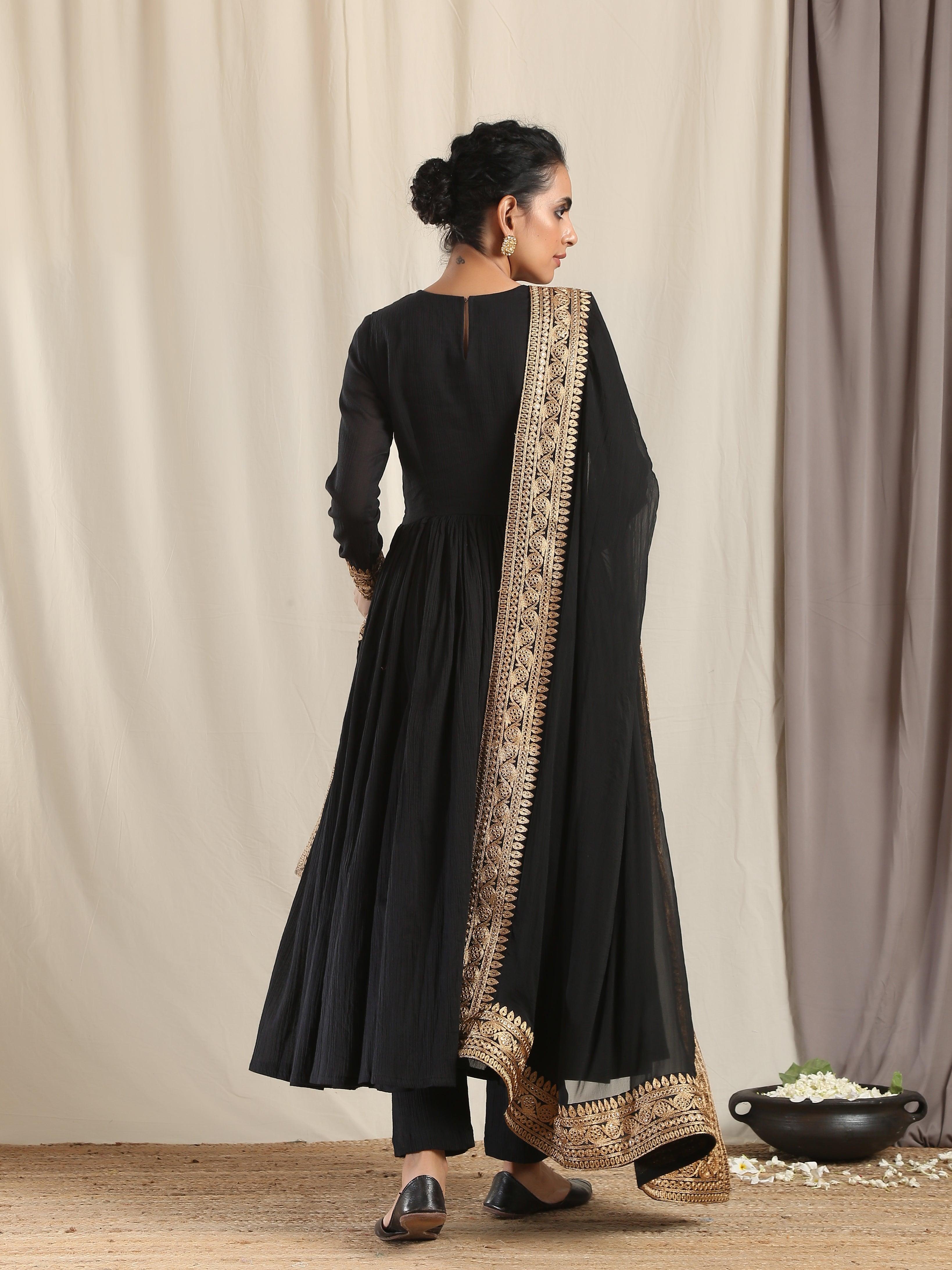 Black Crinkle Flared Kurta Pant Dupatta Set - trueBrowns