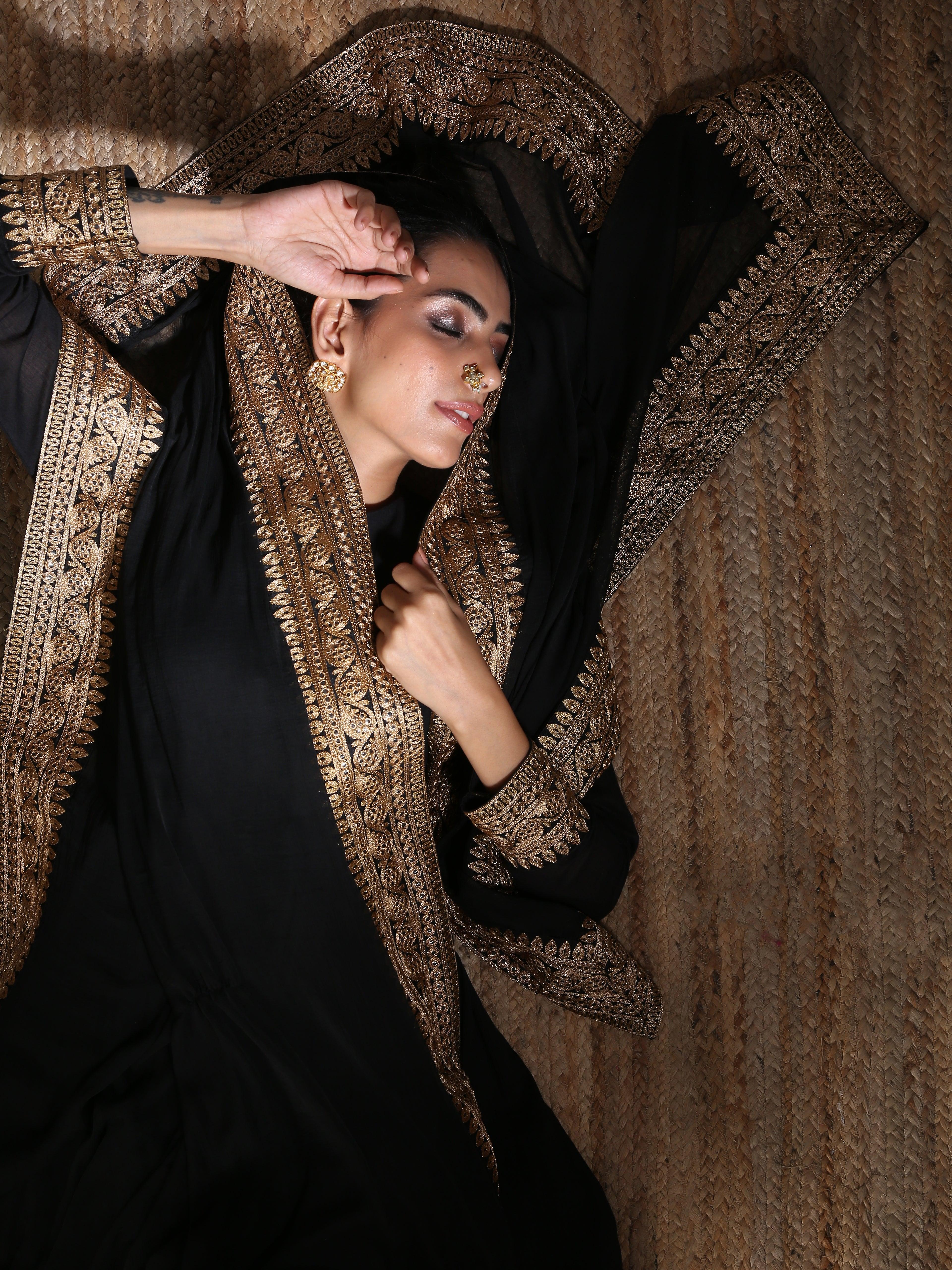 Black Crinkle Flared Kurta Pant Dupatta Set - trueBrowns