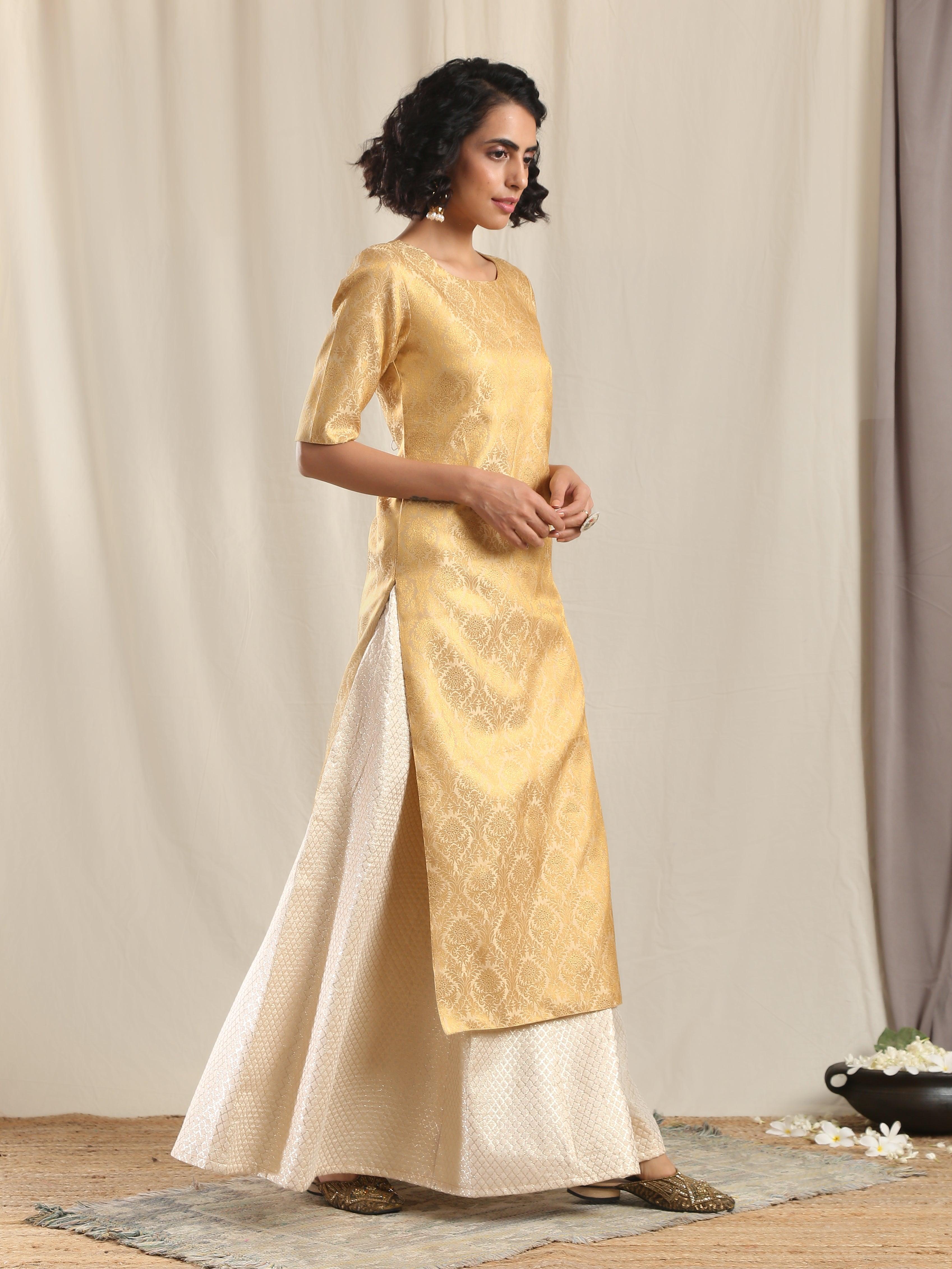 Ivory Gold Brocade Slit Kurta Skirt Set - trueBrowns