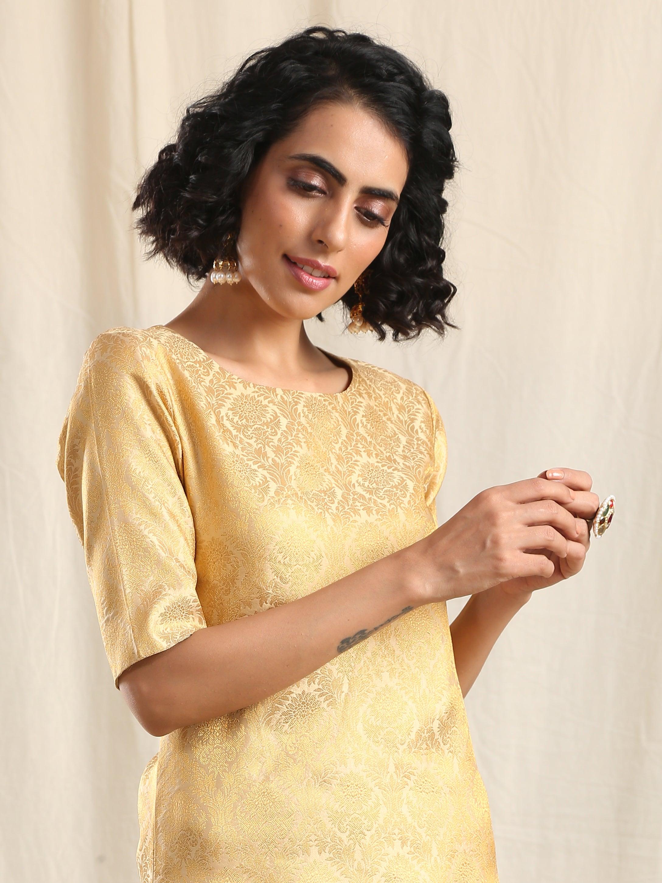 Ivory Gold Brocade Slit Kurta Skirt Set - trueBrowns