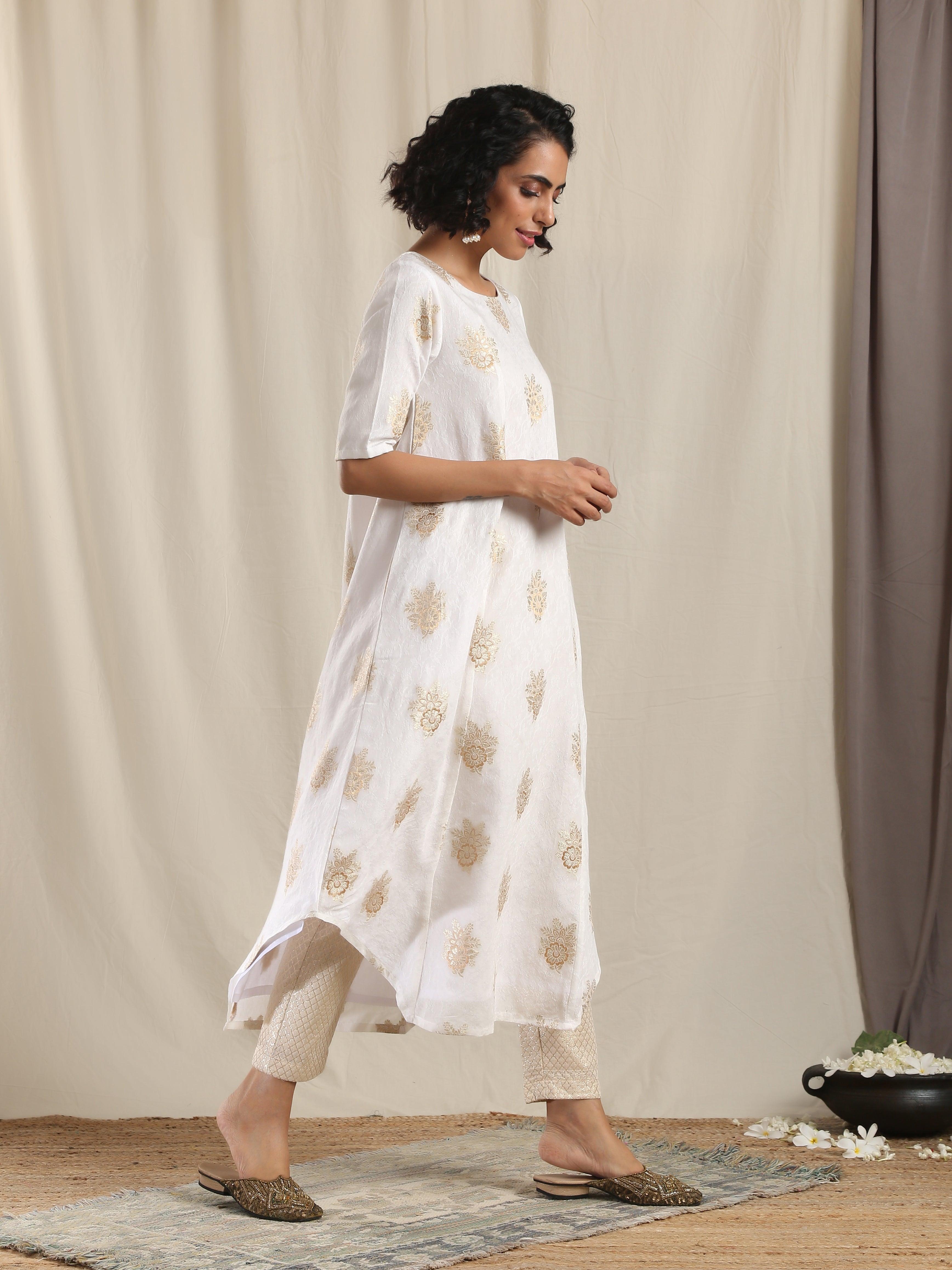 White Gold Modal Silk Asymmetric Kurta Pant Set - trueBrowns