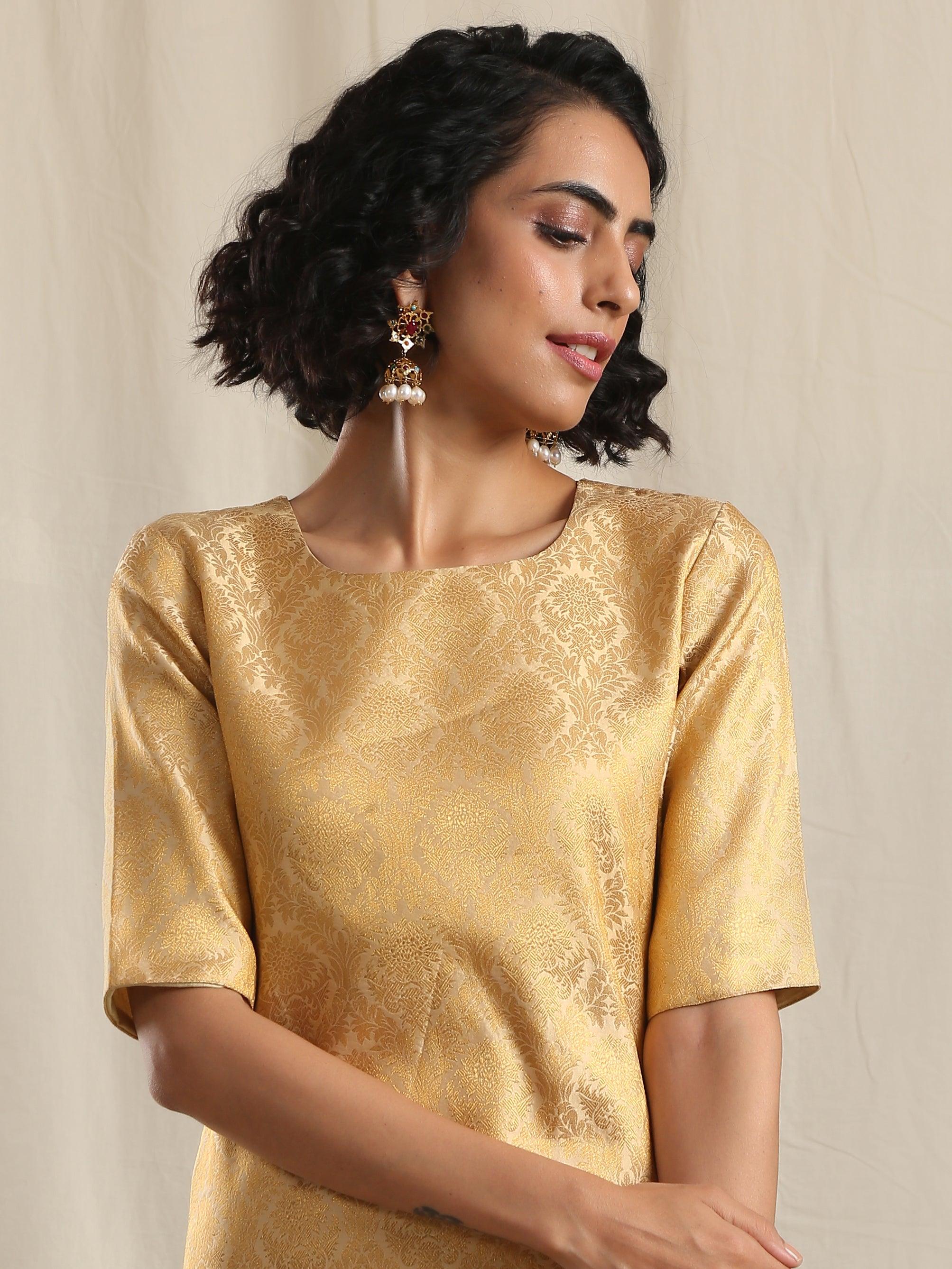 Gold Brocade Slit Kurta Pant Set - trueBrowns