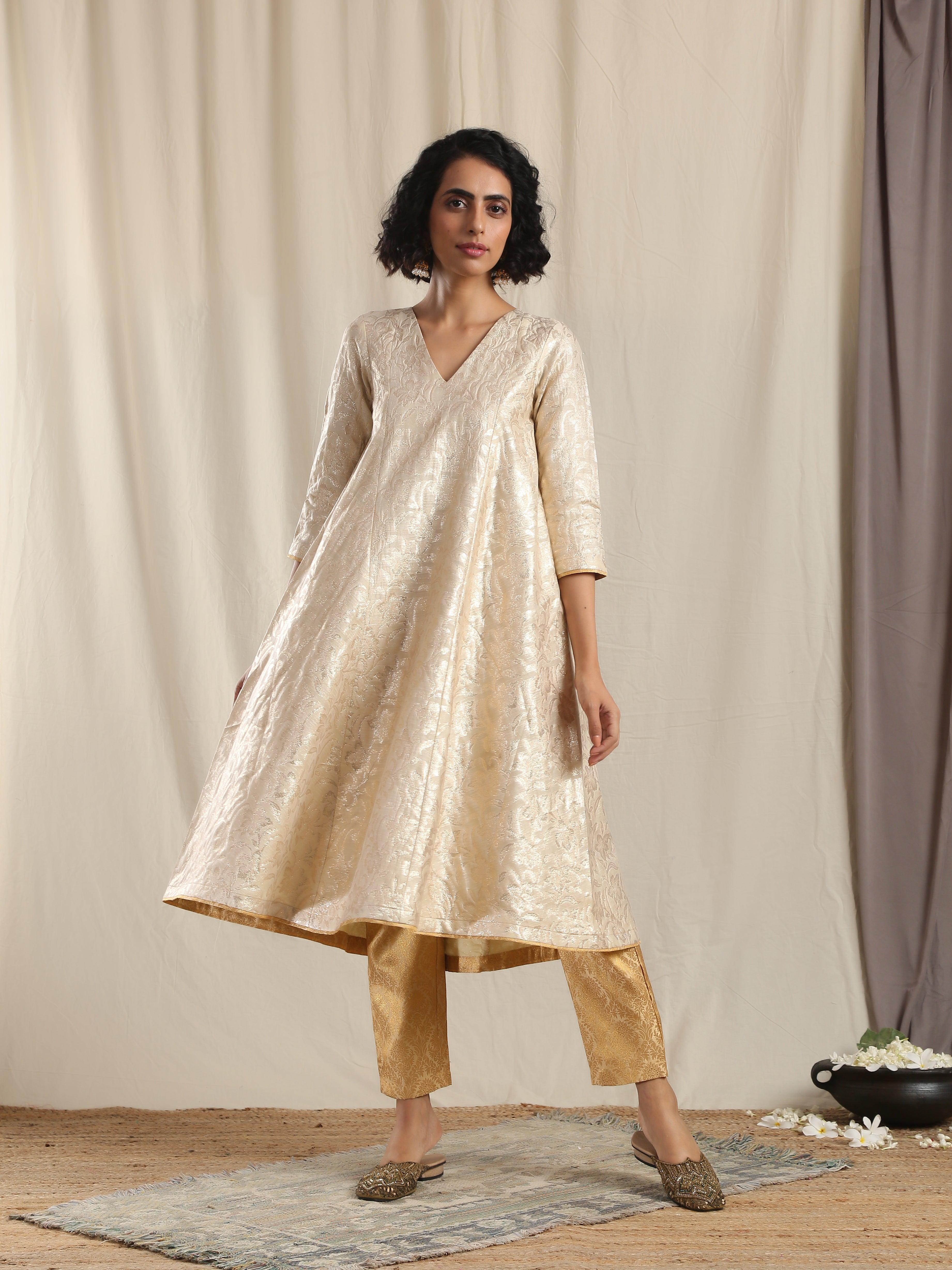 Beige Gold Modal Silk Flared Kurta Pant Set - trueBrowns