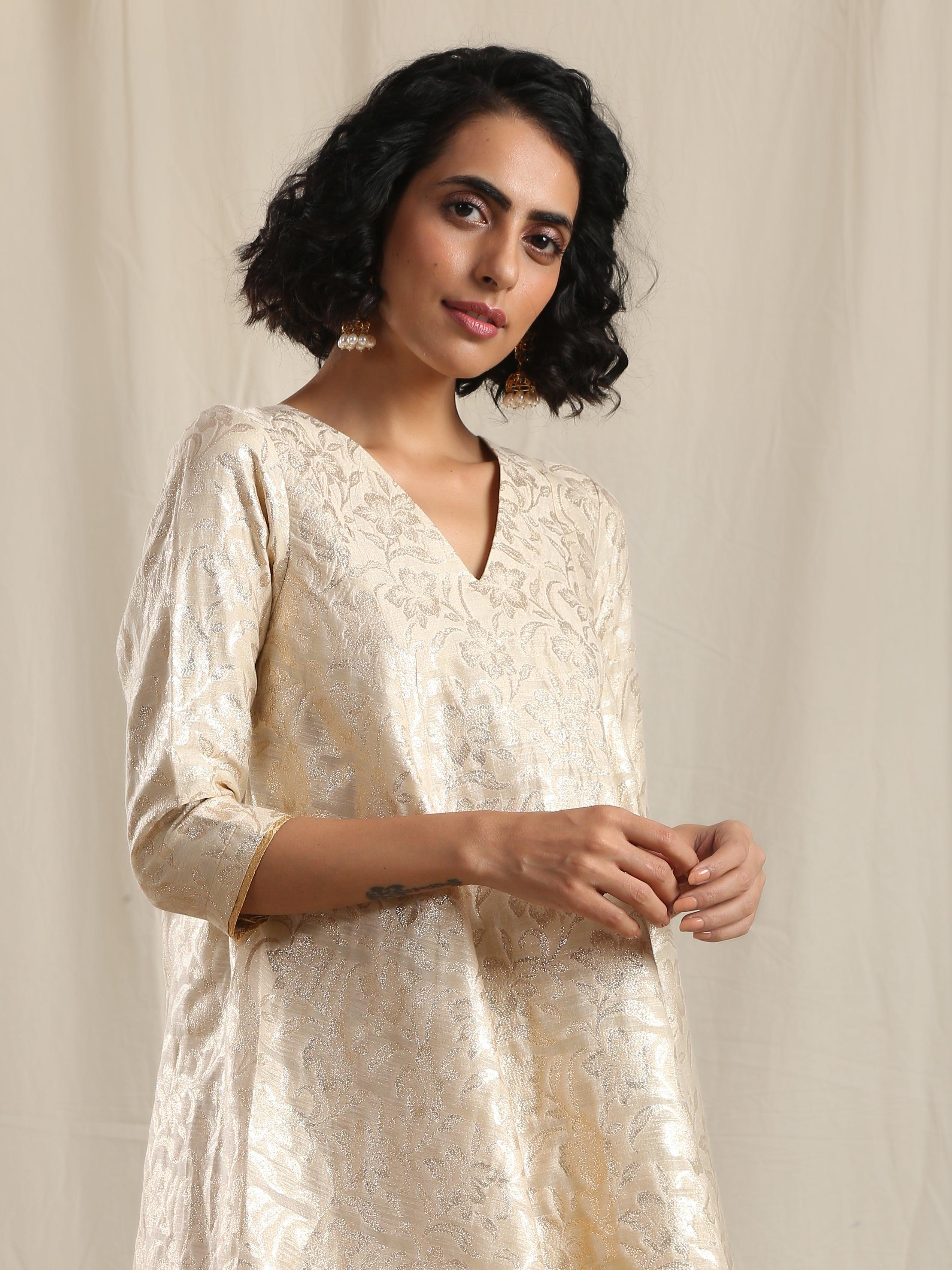 Beige Gold Modal Silk Flared Kurta Pant Set - trueBrowns