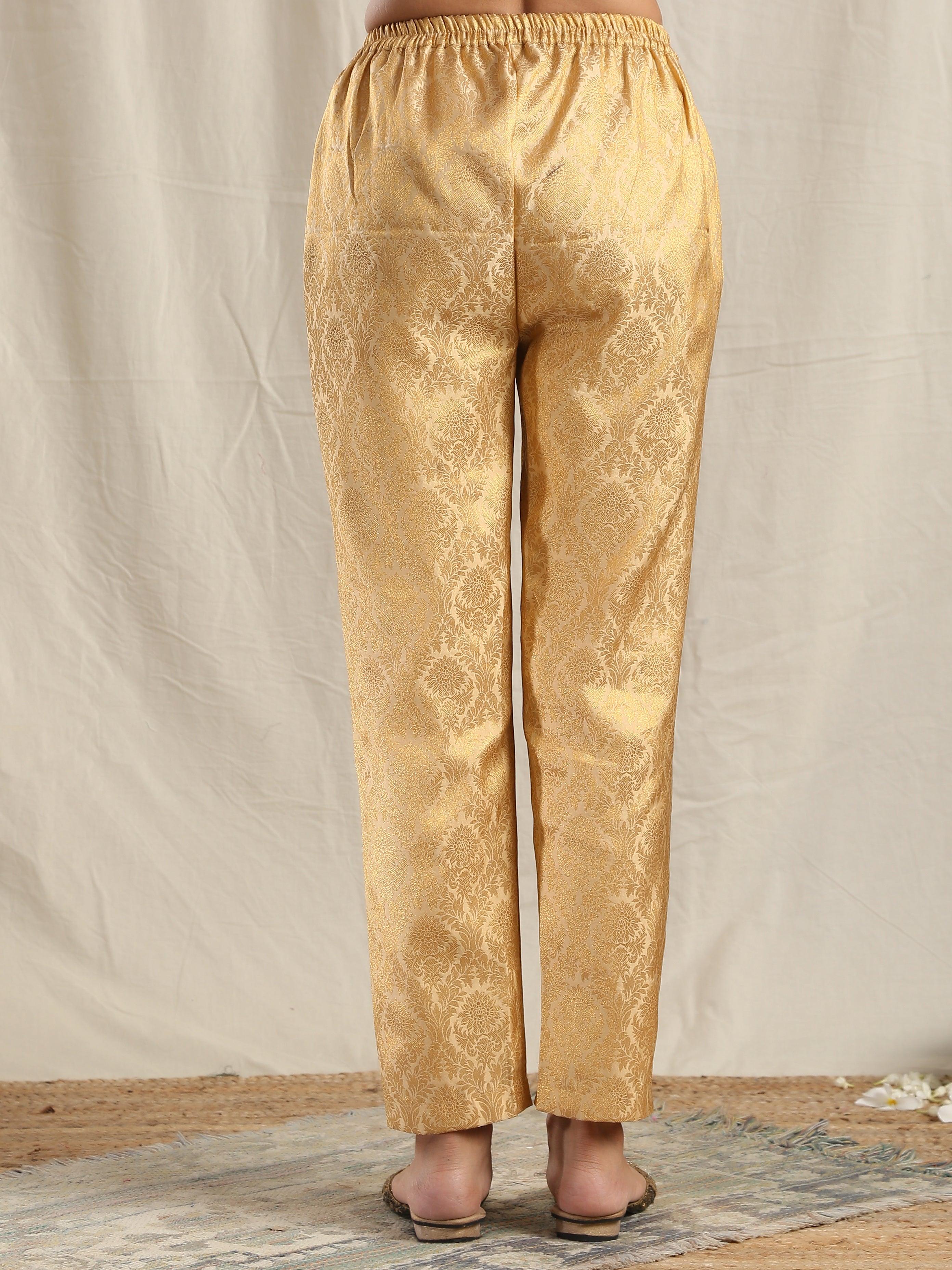 Beige Gold Modal Silk Flared Kurta Pant Set - trueBrowns