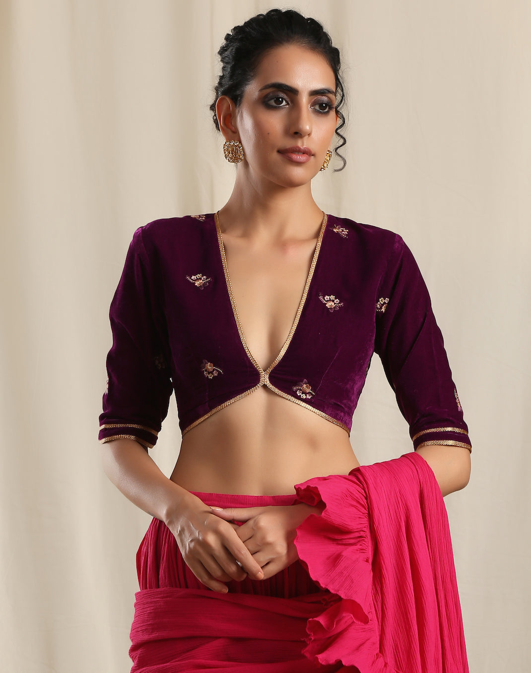 Wine Velvet Embroidered Blouse