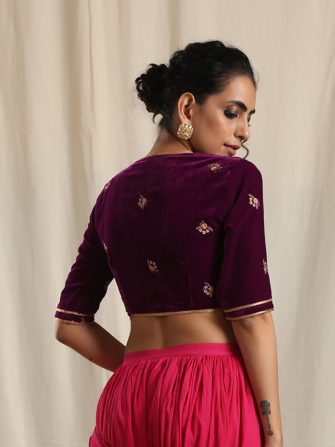 Wine Velvet Embroidered Blouse
