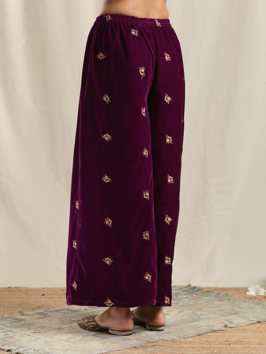 Wine Velvet Embroidered Palazzo - trueBrowns