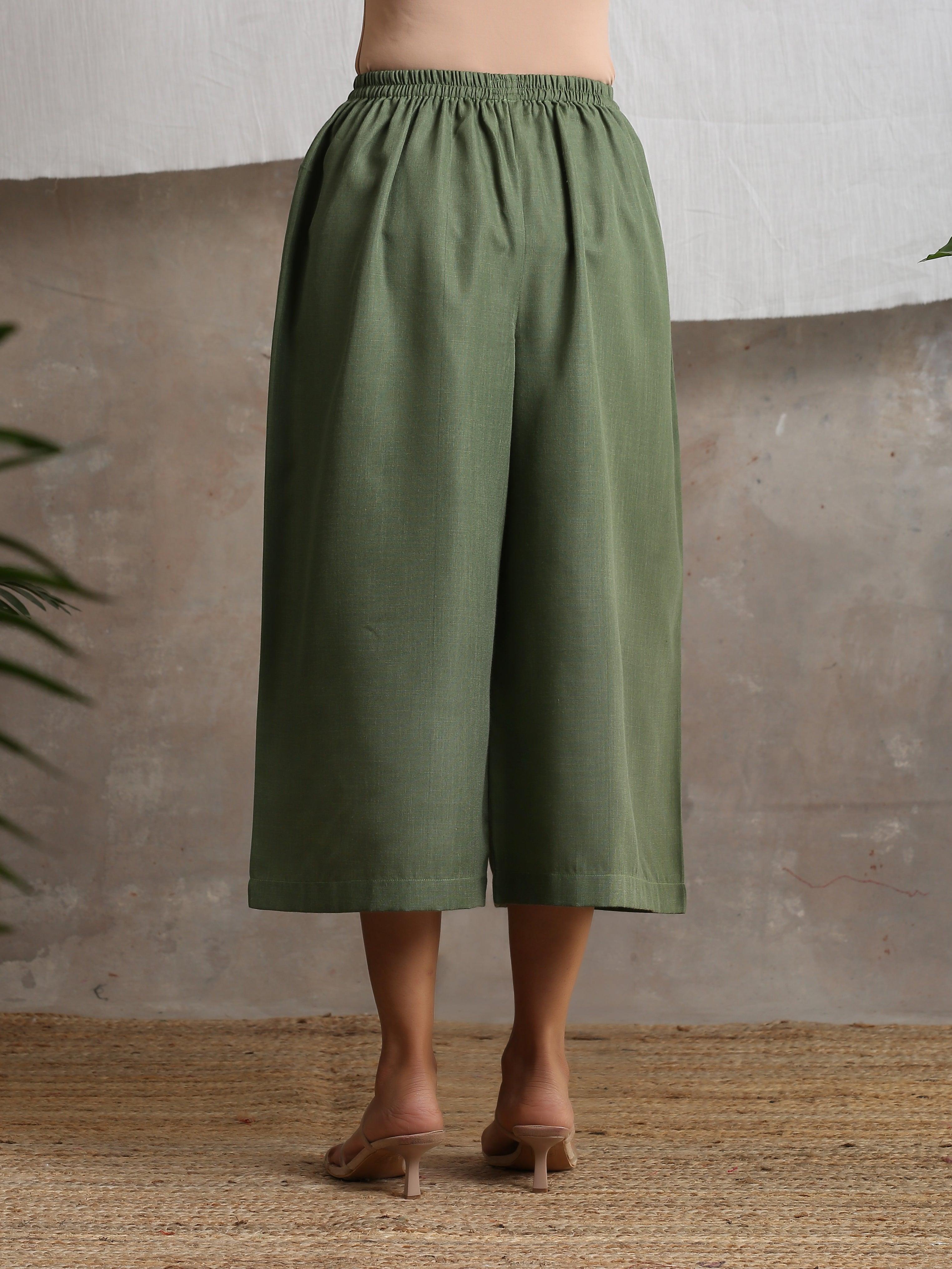 Cotton Linen Olive Green Palazzo - trueBrowns