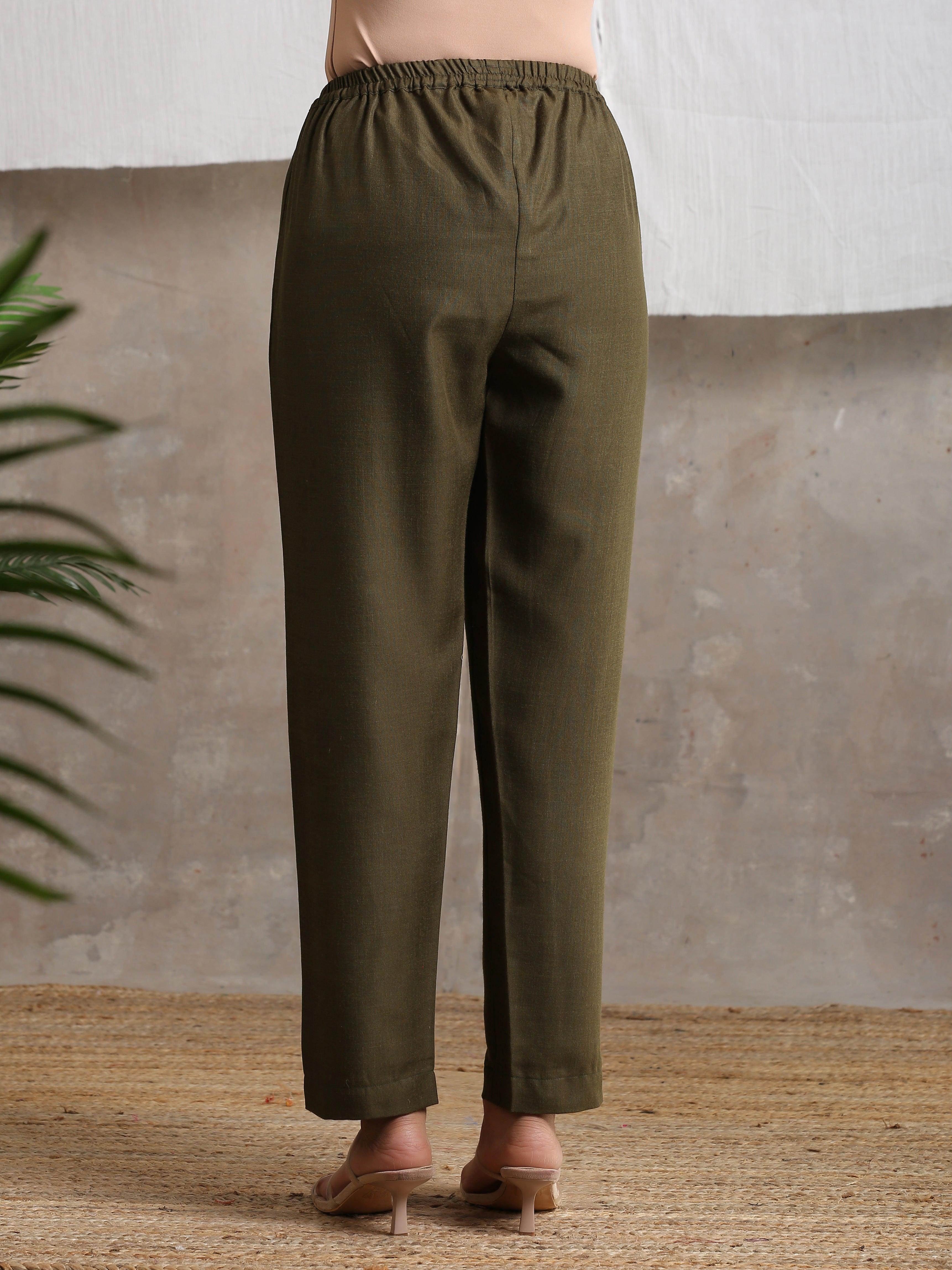 Cotton Linen Dark Green Pant - trueBrowns