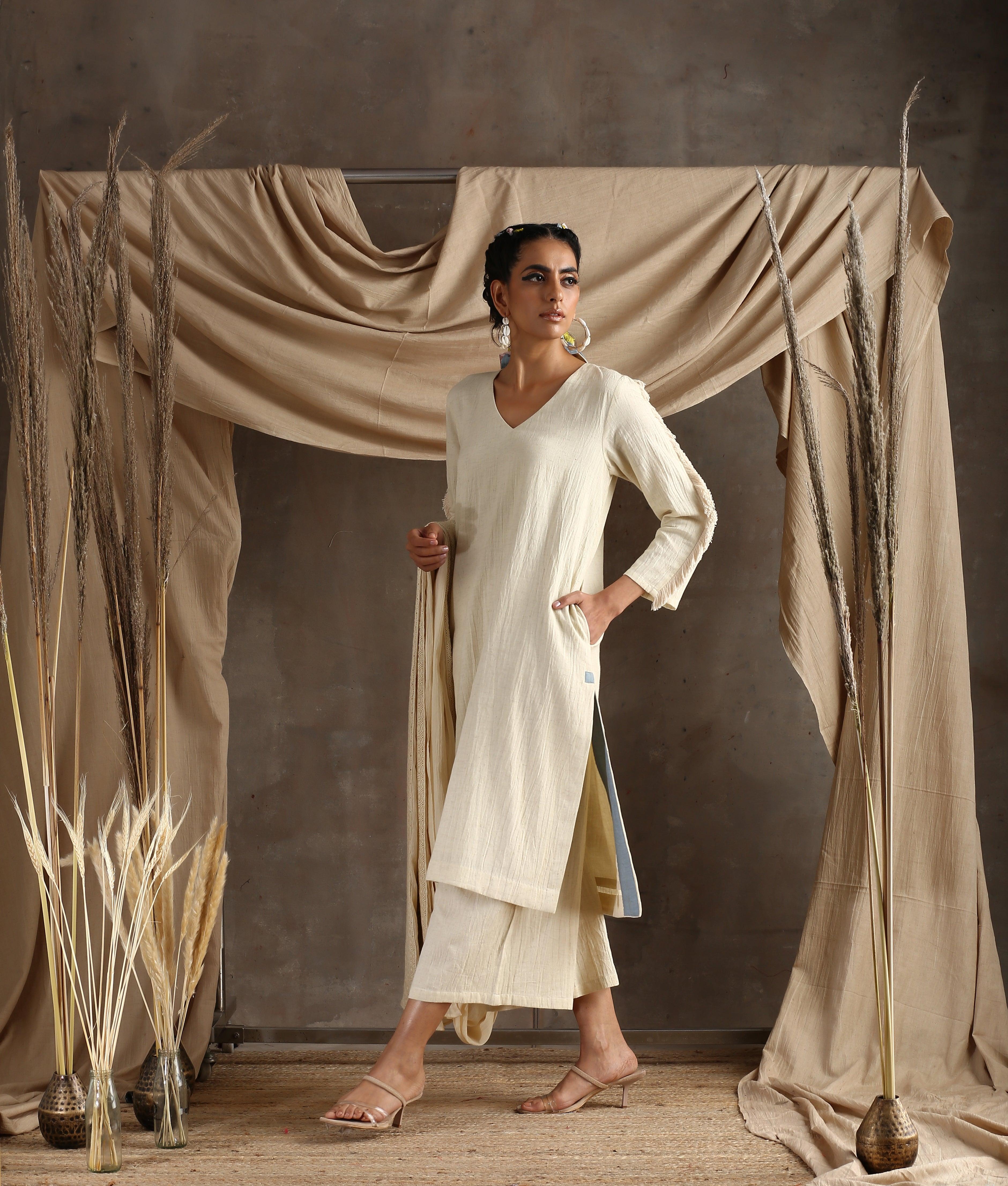 Ivory Pure Cotton Lace Kurta - trueBrowns