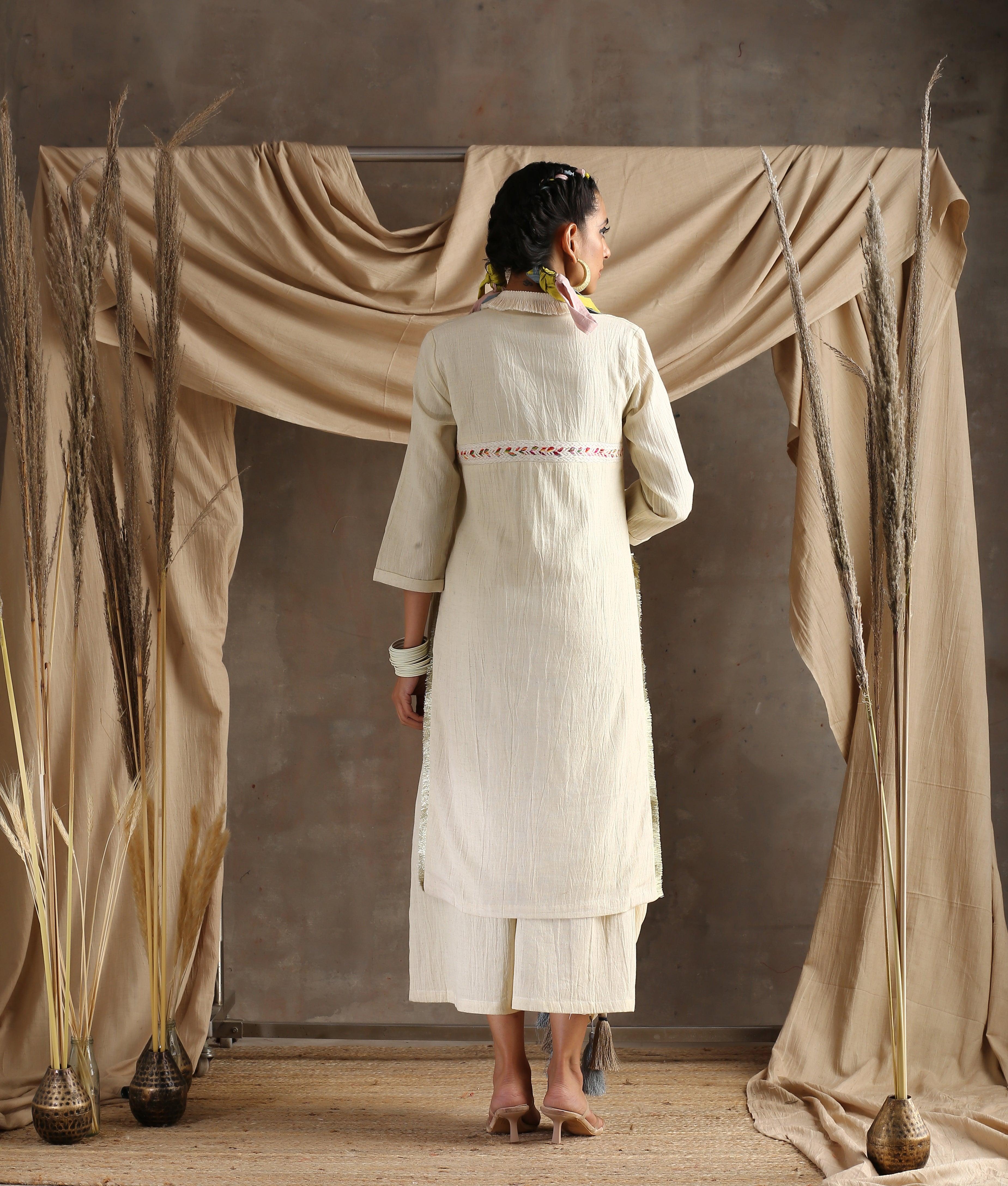 Ivory Pure Cotton Long Slit Lace Kurta - trueBrowns