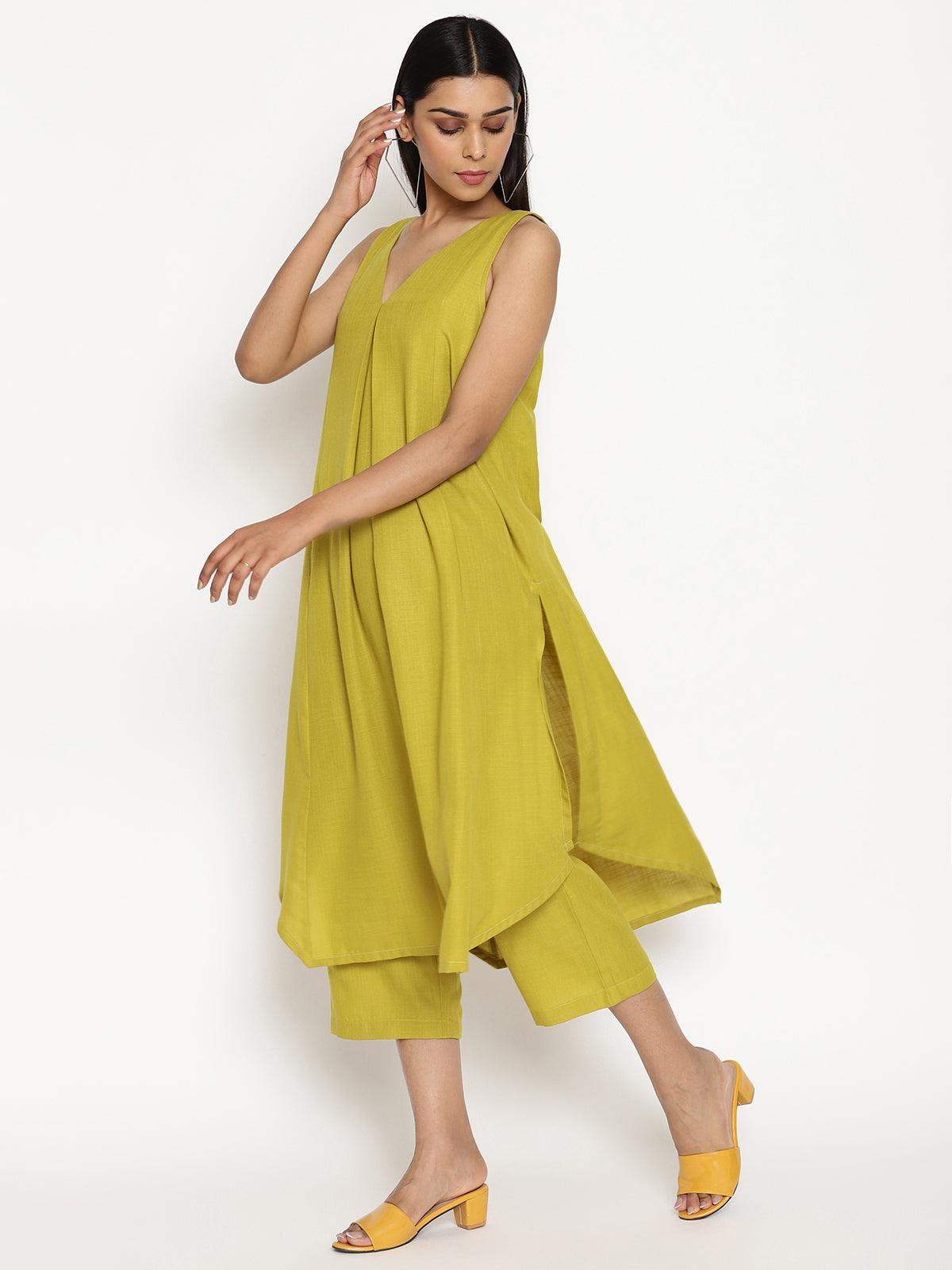 Cotton Linen Lime Green Sleeveless Flared Kurta Pant Set