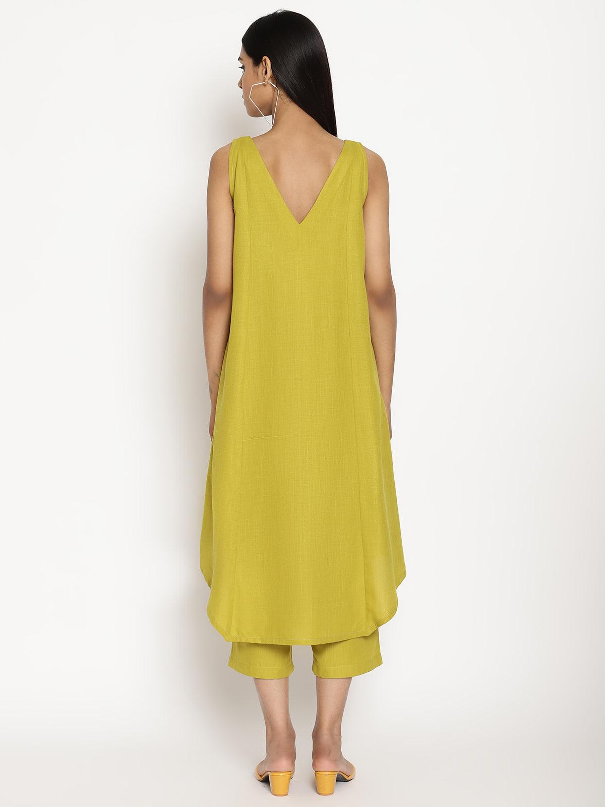 Cotton Linen Lime Green Sleeveless Flared Kurta Pant Set