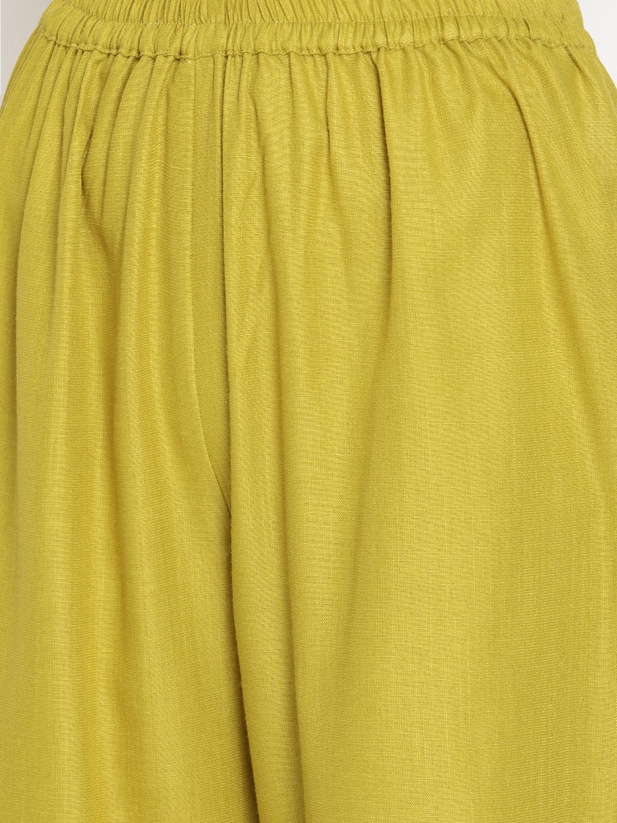 Cotton Linen Lime Green Sleeveless Flared Kurta Pant Set
