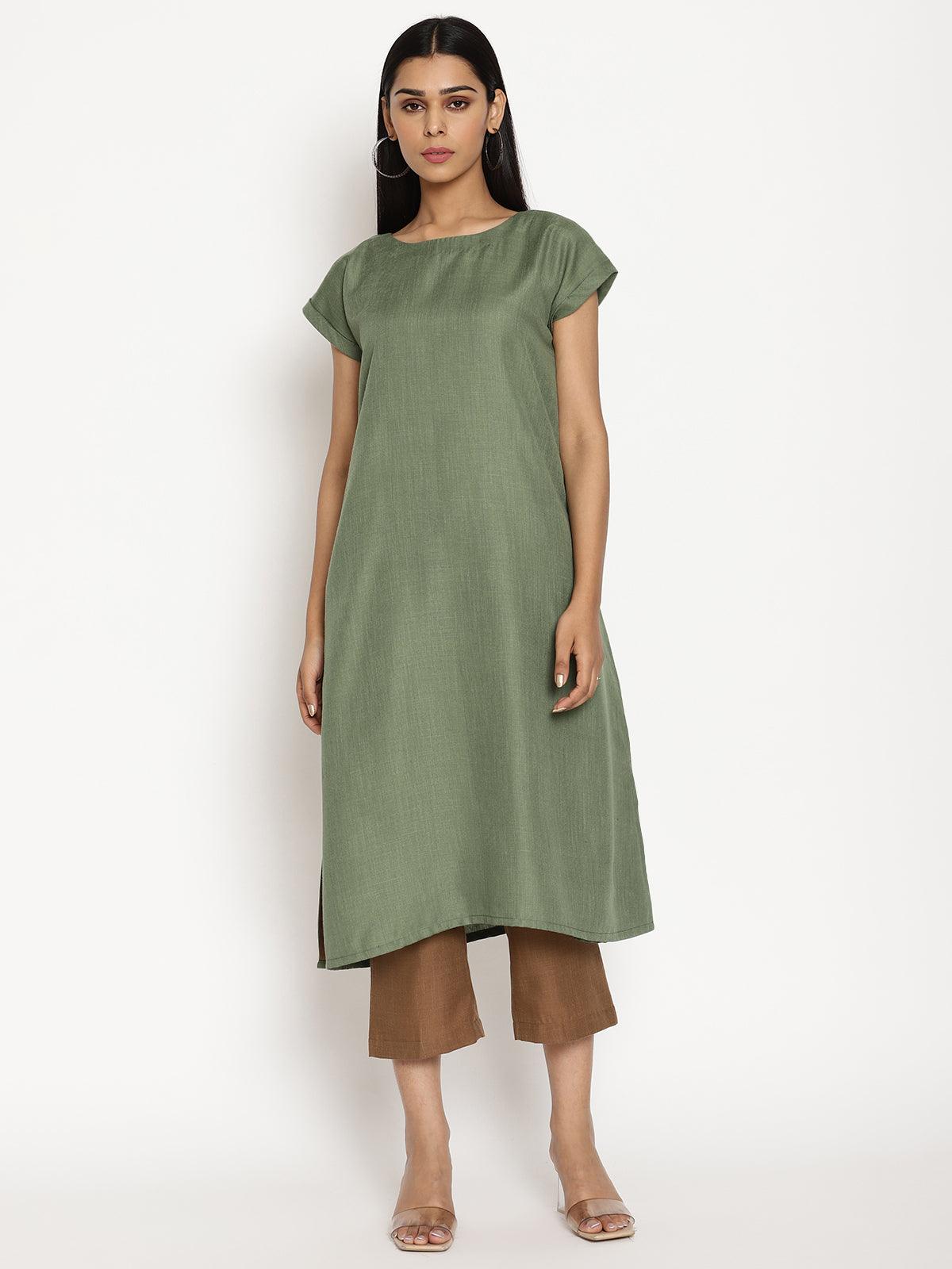 Cotton Linen Olive Green Kurta Pant Set - trueBrowns