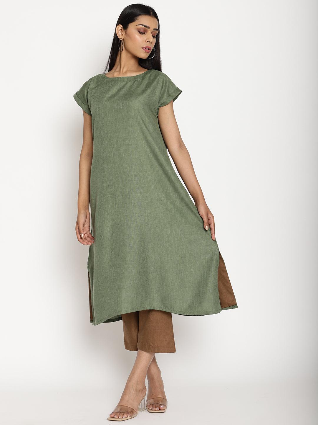 Cotton Linen Olive Green Kurta Pant Set - trueBrowns