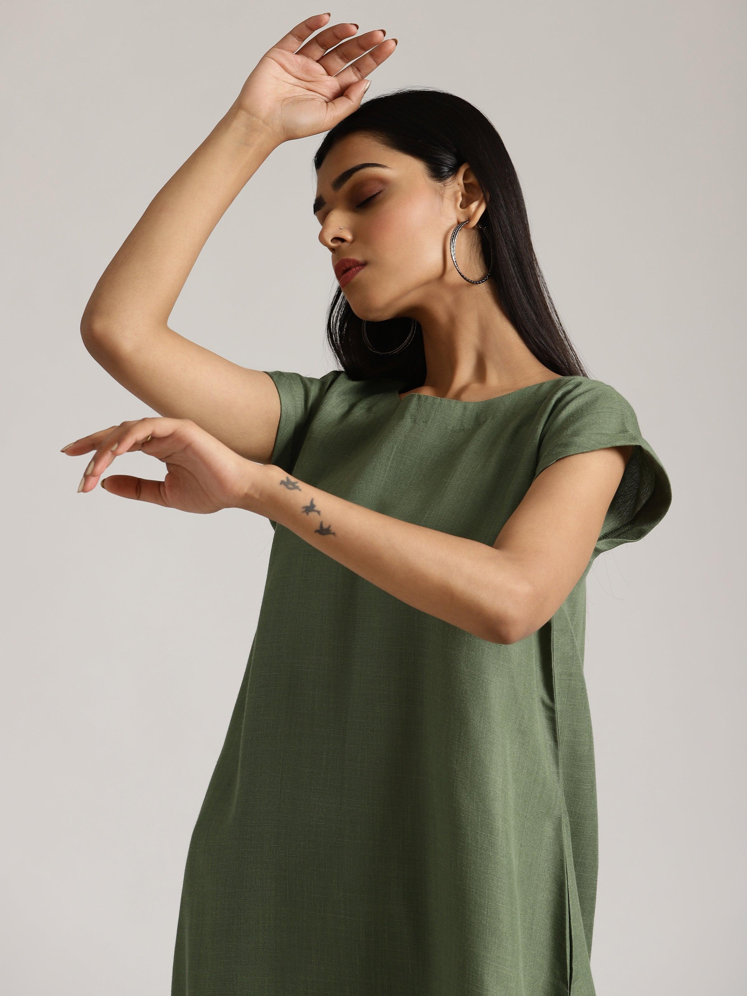 Cotton Linen Olive Green Kurta Pant Set - trueBrowns