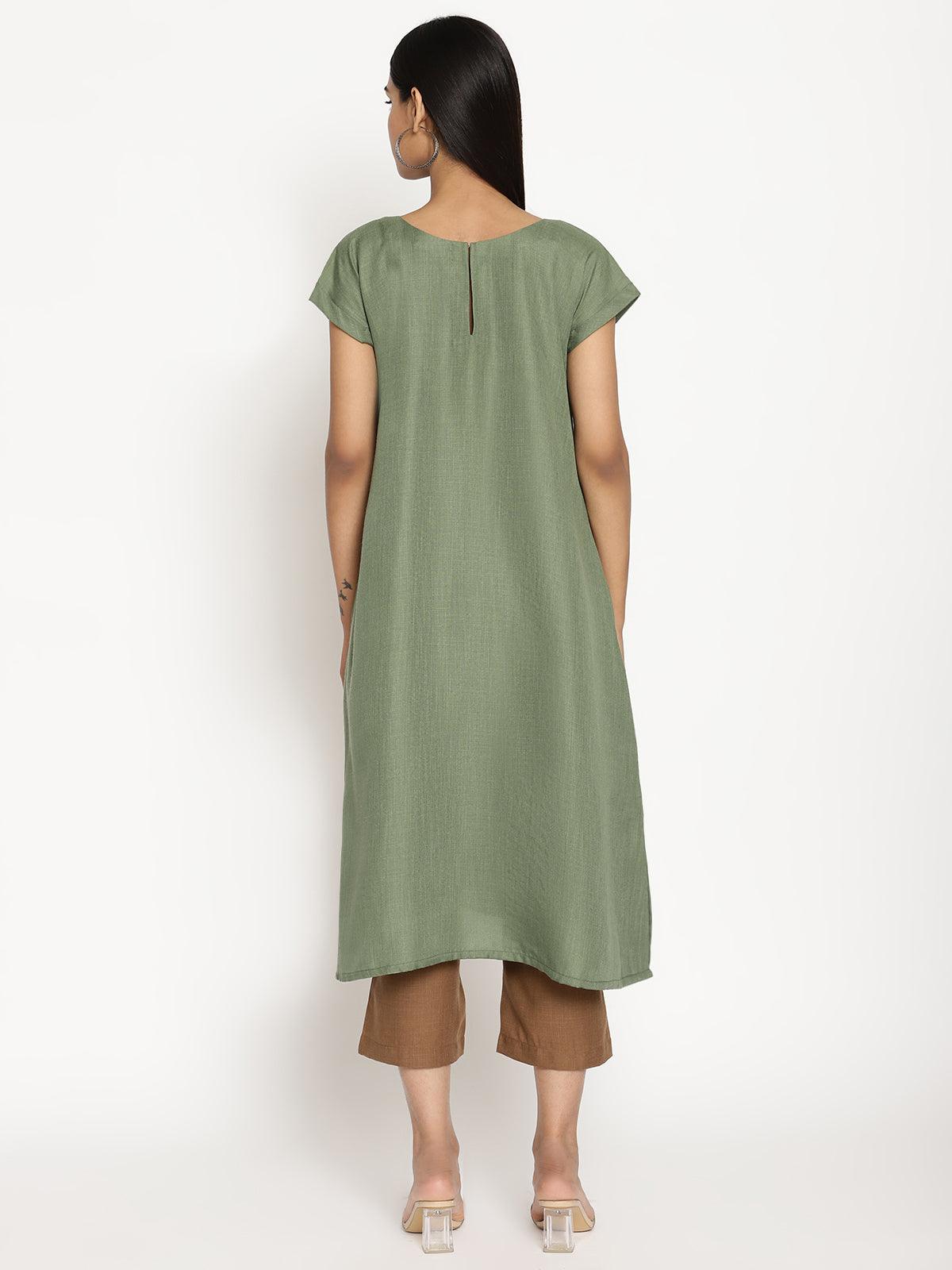 Cotton Linen Olive Green Kurta Pant Set - trueBrowns