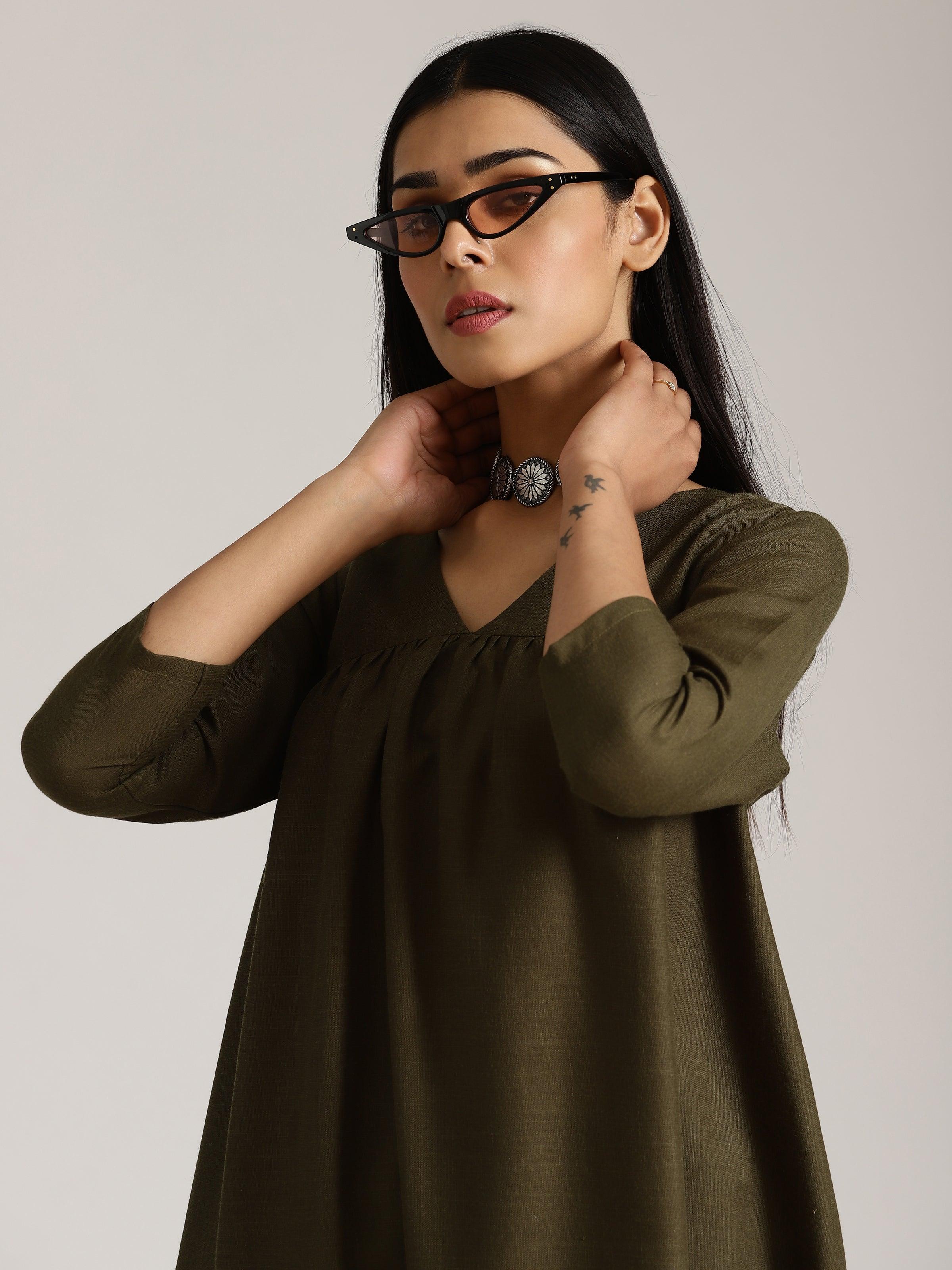 Cotton Linen Dark Green Gathered Kurta Pant Set - trueBrowns