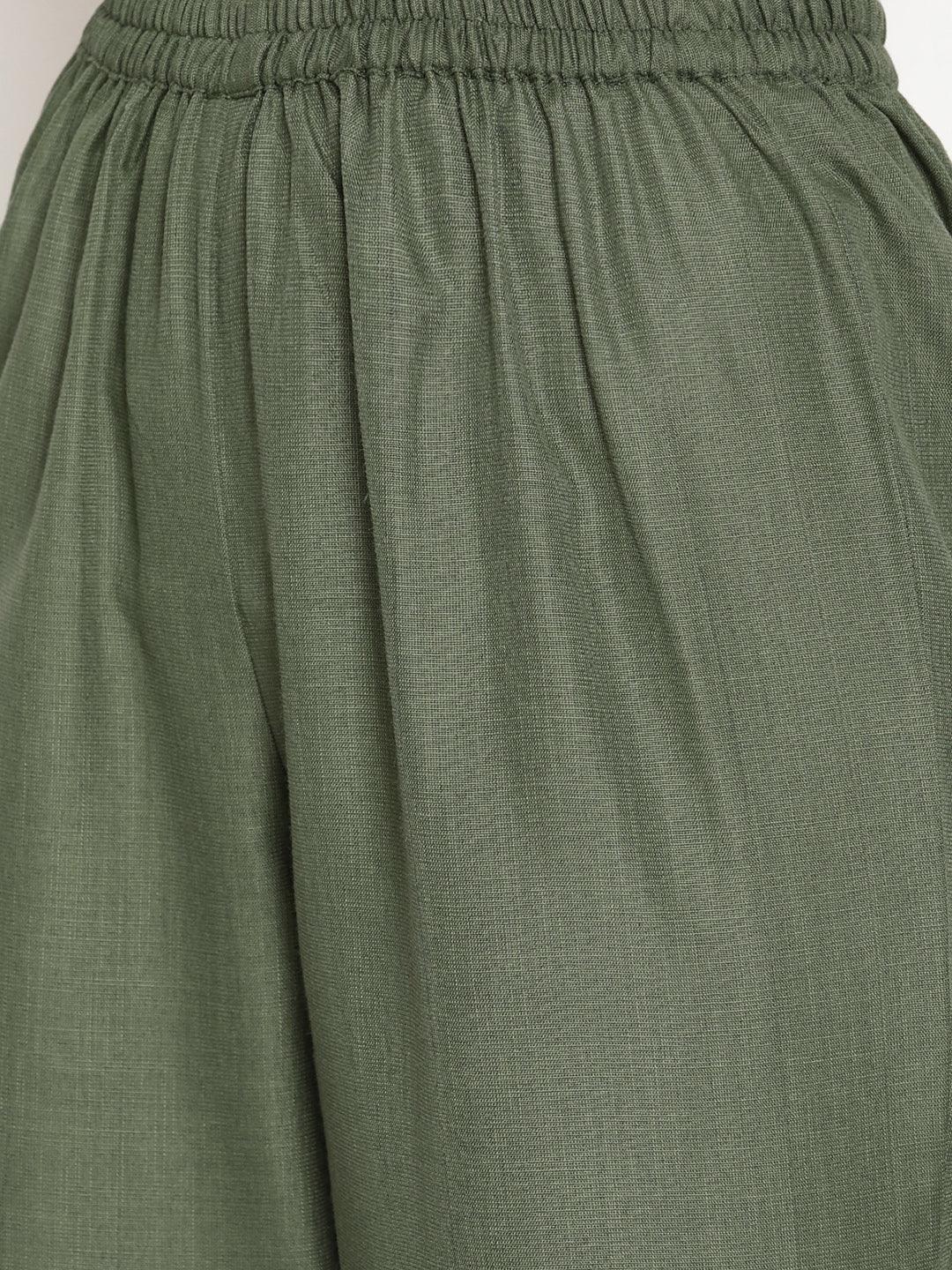 Cotton Linen Dark Green Gathered Kurta Pant Set - trueBrowns