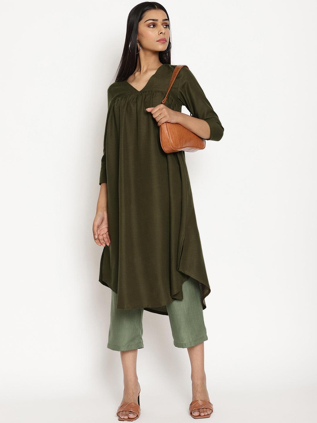 Cotton Linen Dark Green Gathered Kurta Pant Set - trueBrowns