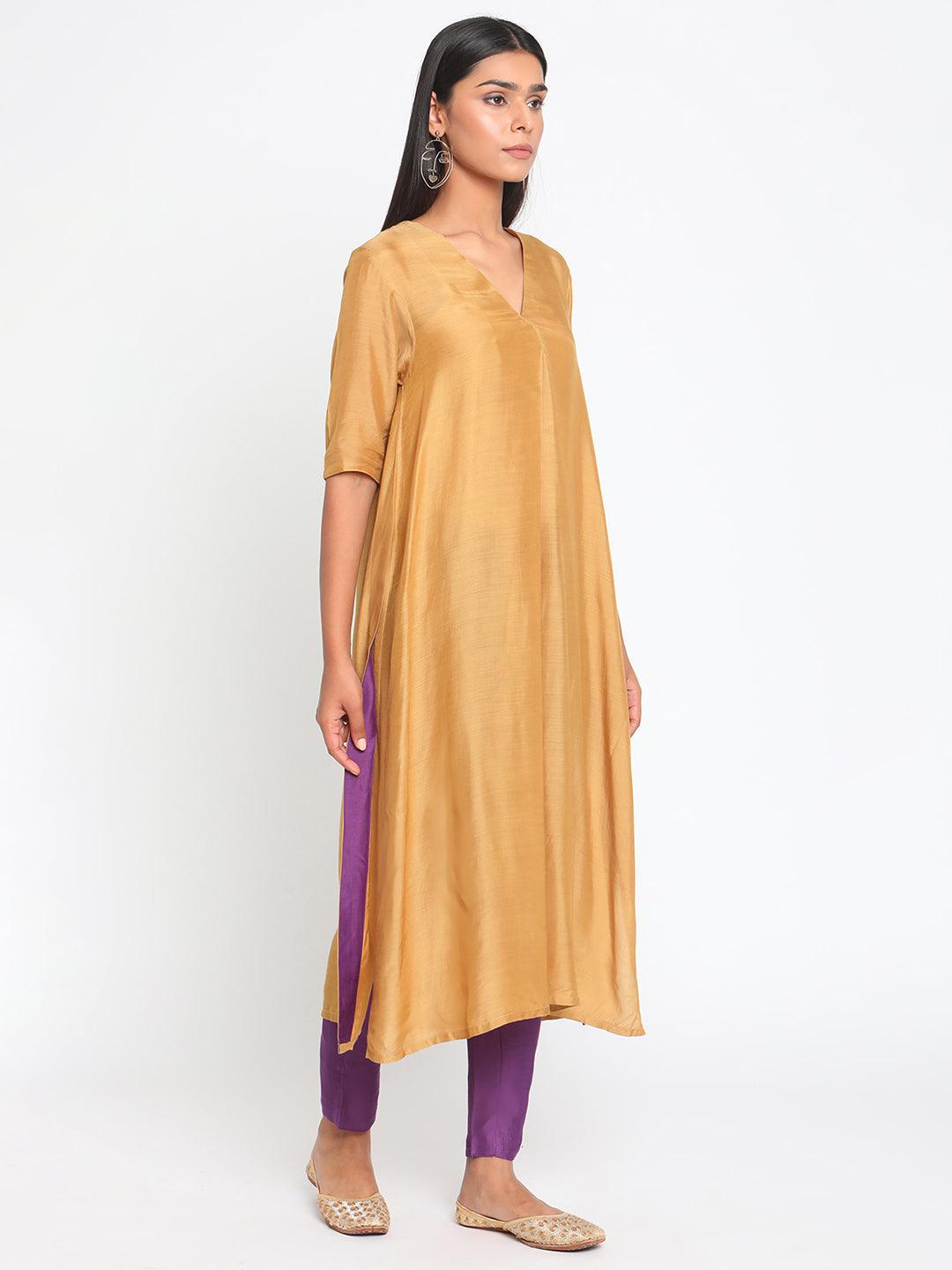 Silk Gold Slit Kurta Pant Set - trueBrowns