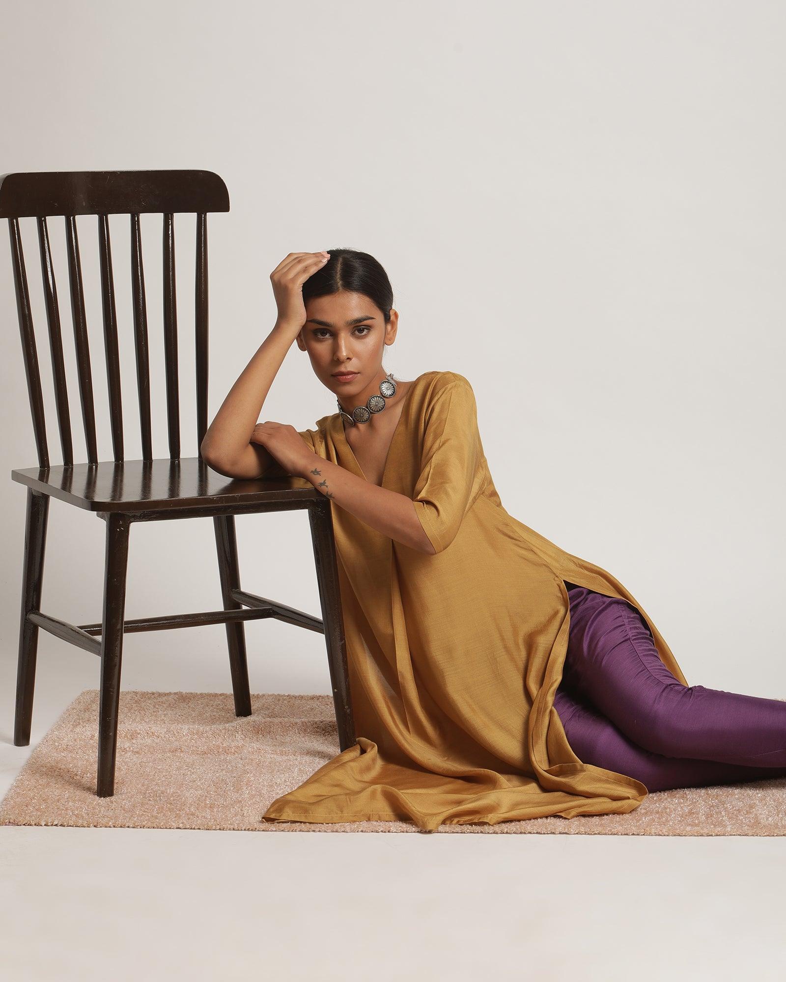 Silk Gold Slit Kurta Pant Set - trueBrowns