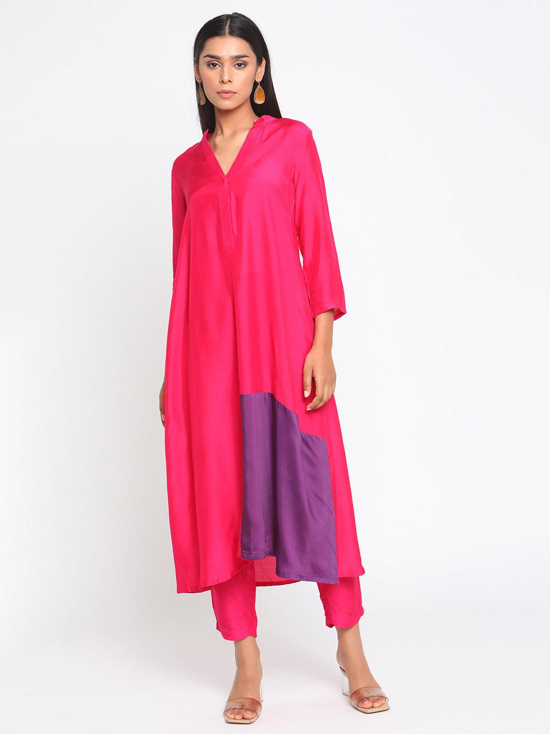 Silk Pink Patched Flared Kurta Pant Set - trueBrowns