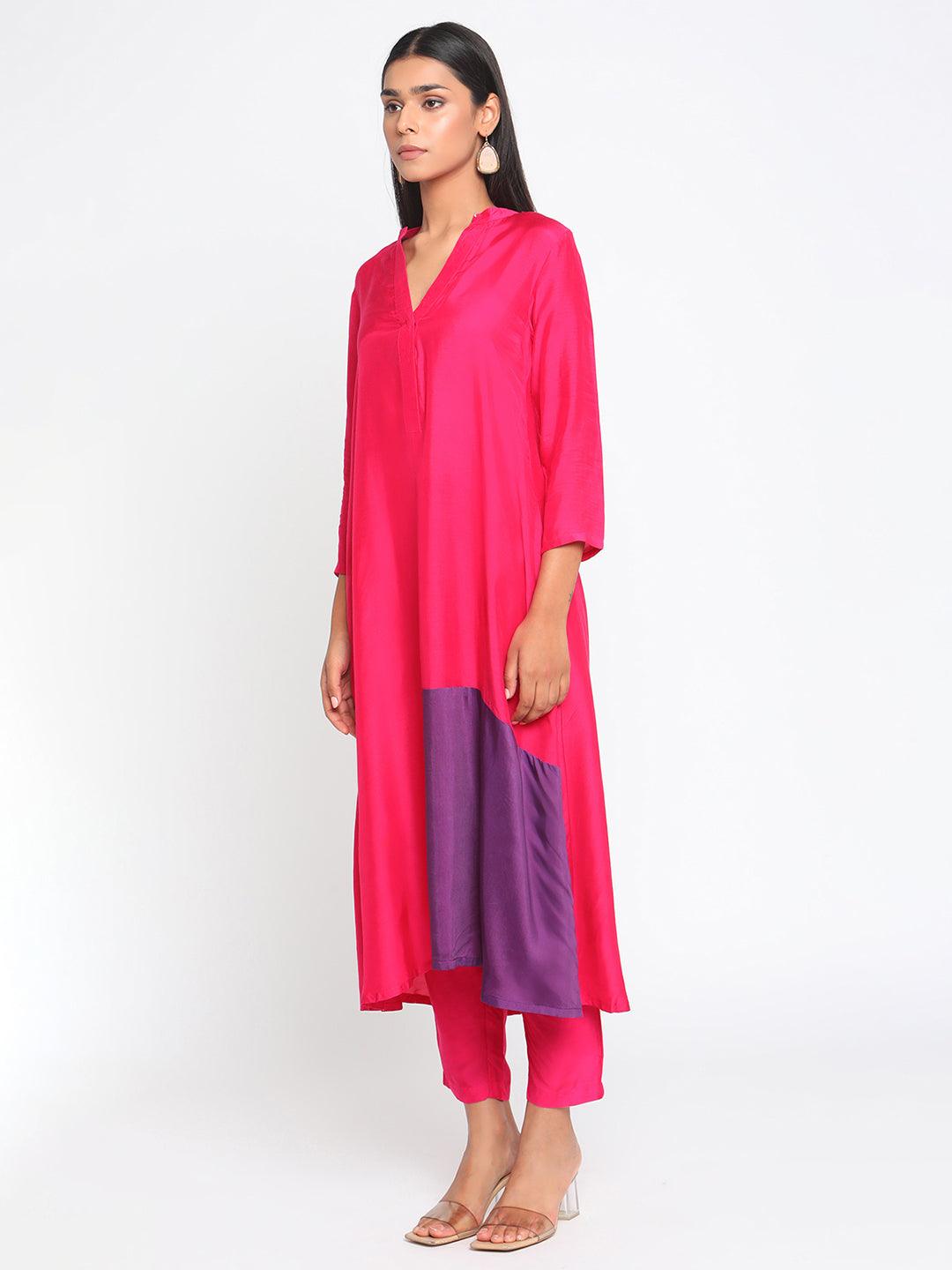 Silk Pink Patched Flared Kurta Pant Set - trueBrowns
