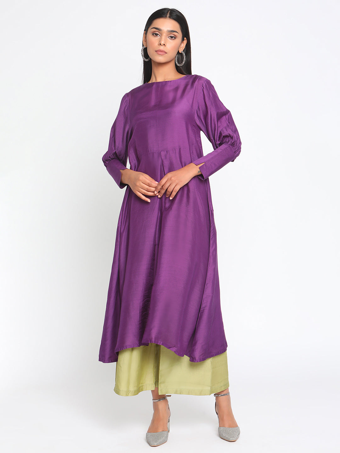 Silk Purple Gathered Sleeve Flared Kurta Palazzo Set