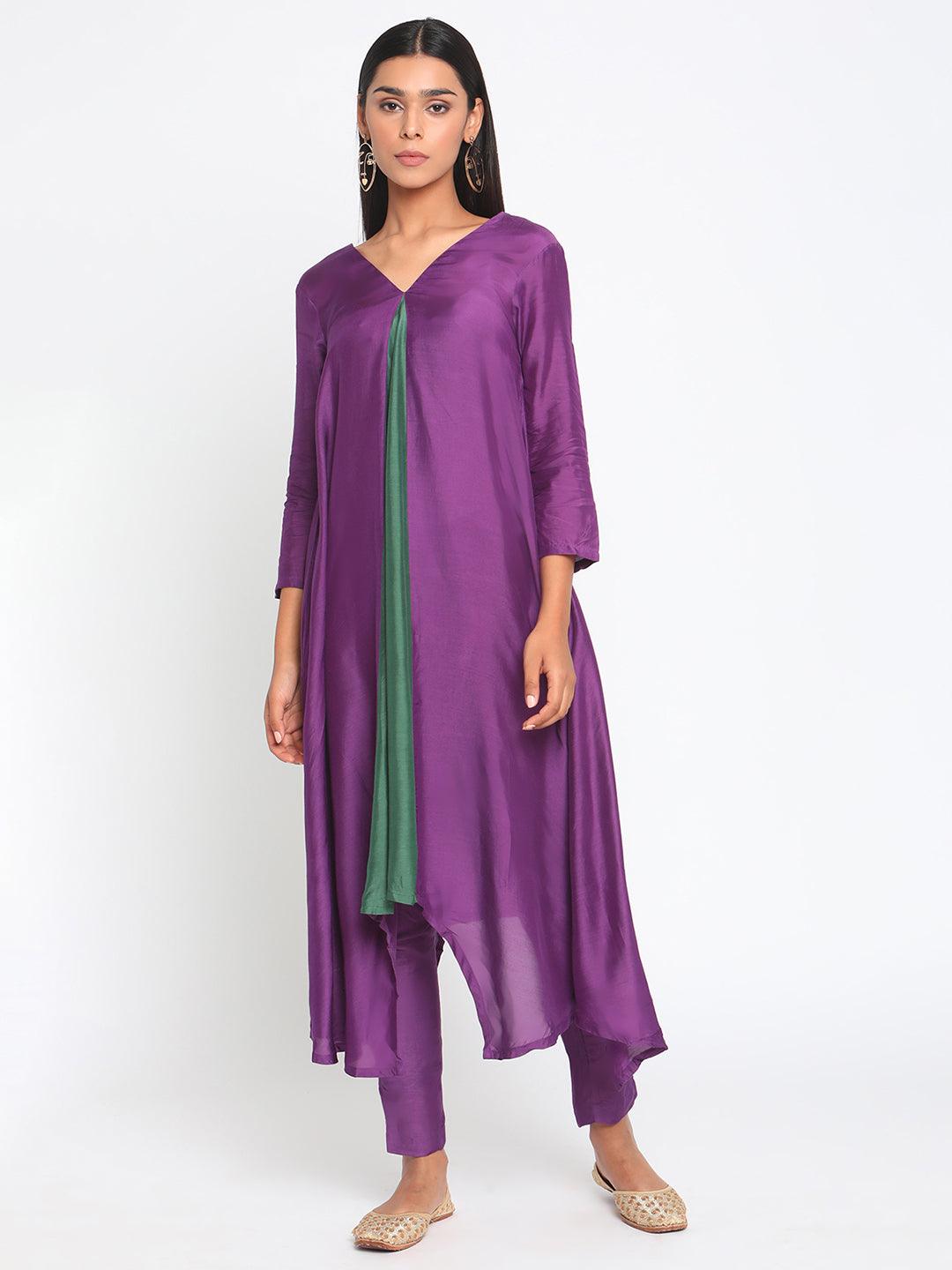 Silk Purple Flared Asymmetric Kurta Pant Set - trueBrowns