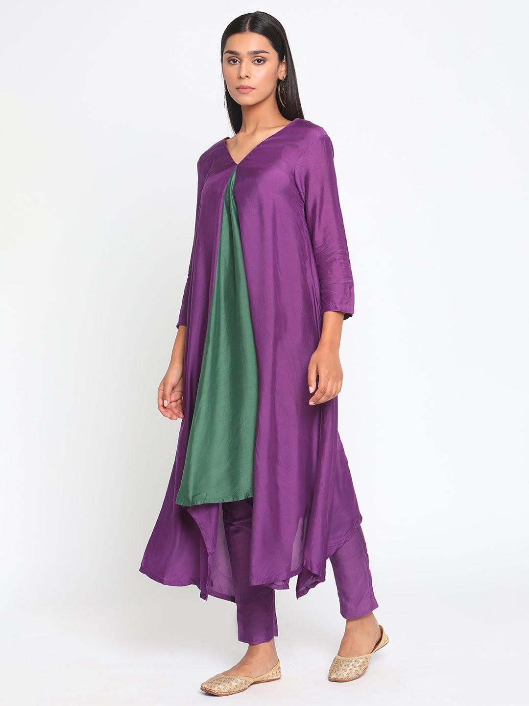 Silk Purple Flared Asymmetric Kurta Pant Set - trueBrowns