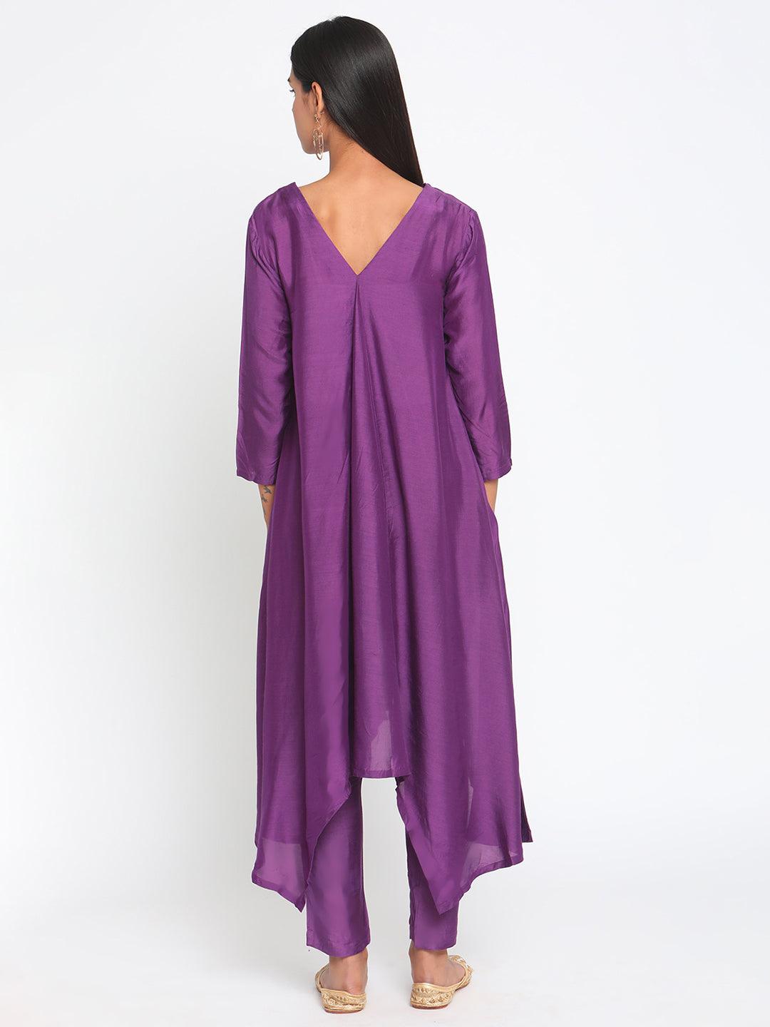 Silk Purple Flared Asymmetric Kurta Pant Set - trueBrowns