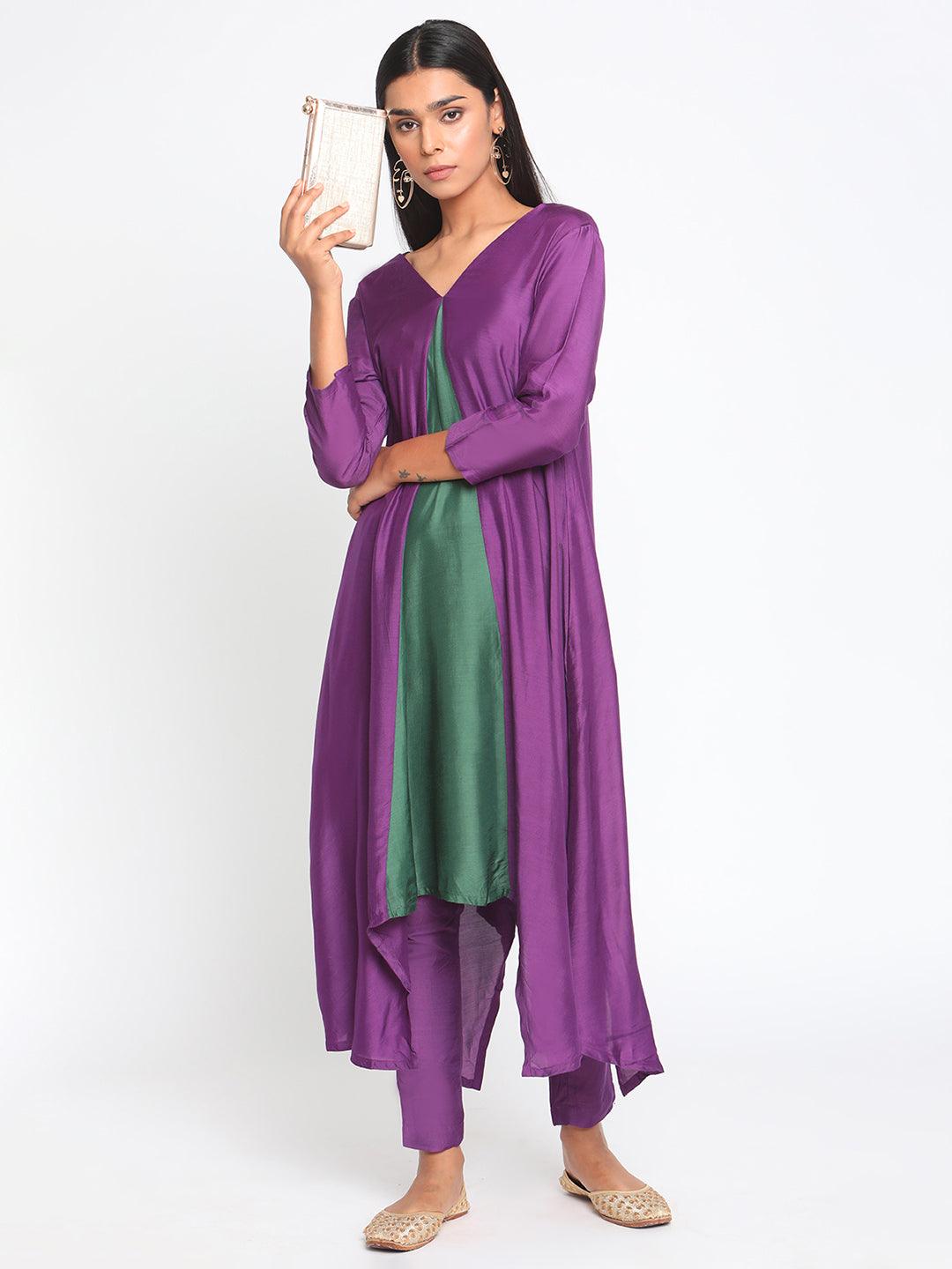 Silk Purple Flared Asymmetric Kurta Pant Set - trueBrowns