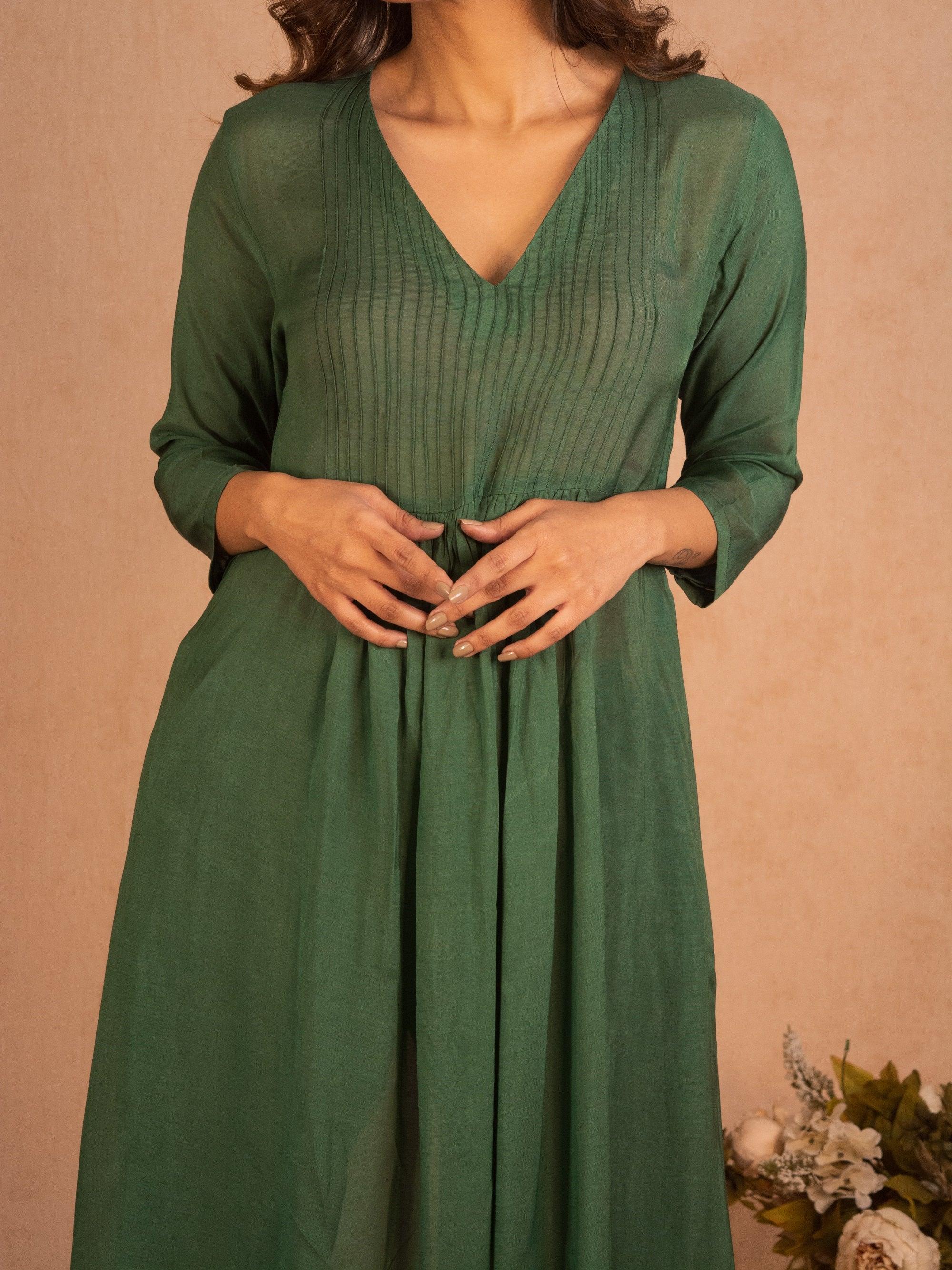 Silk Green Pintucks Flared Kurta Pant Set - trueBrowns