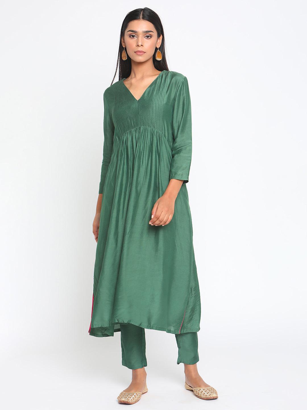 Silk Green Pintucks Flared Kurta Pant Set - trueBrowns