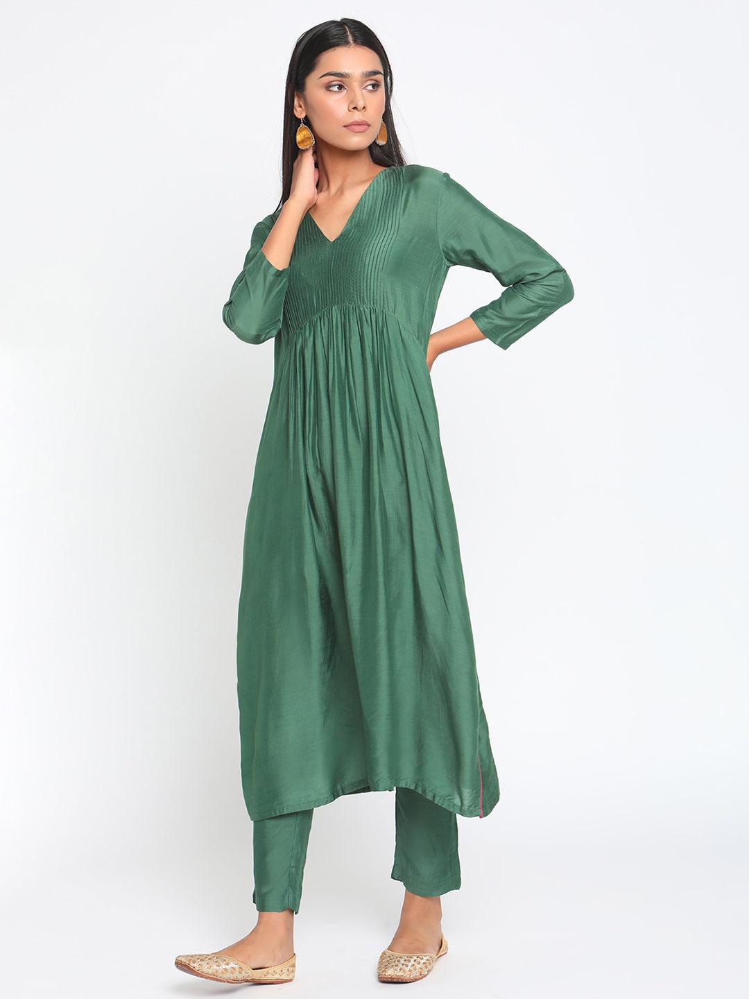 Silk Green Pintucks Flared Kurta Pant Set - trueBrowns