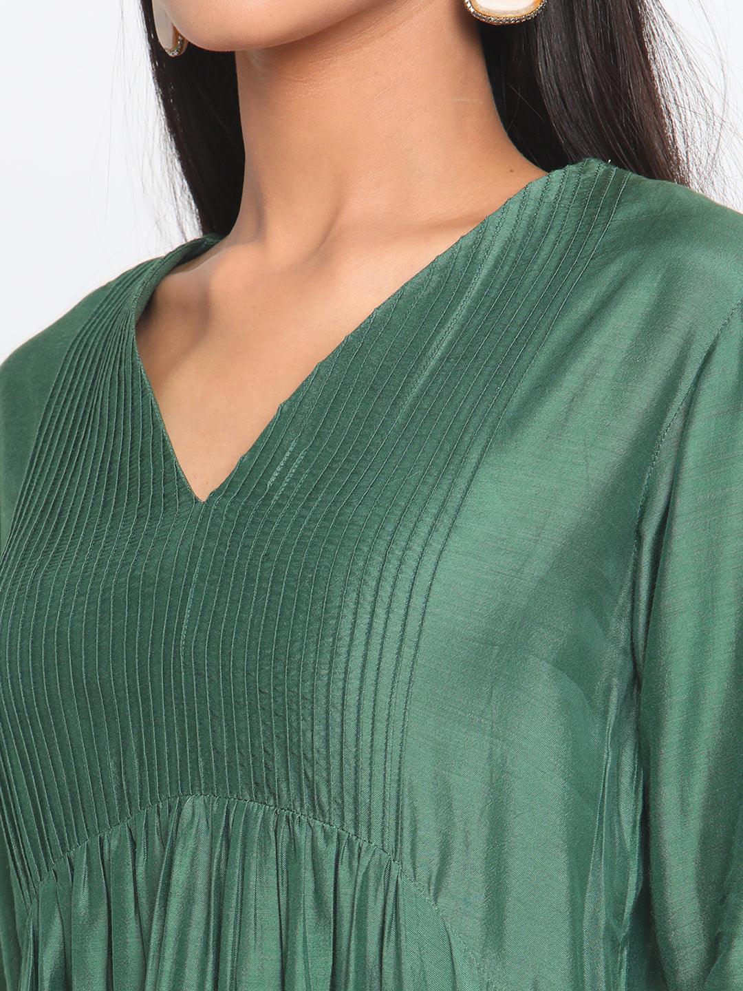 Silk Green Pintucks Flared Kurta Pant Set - trueBrowns