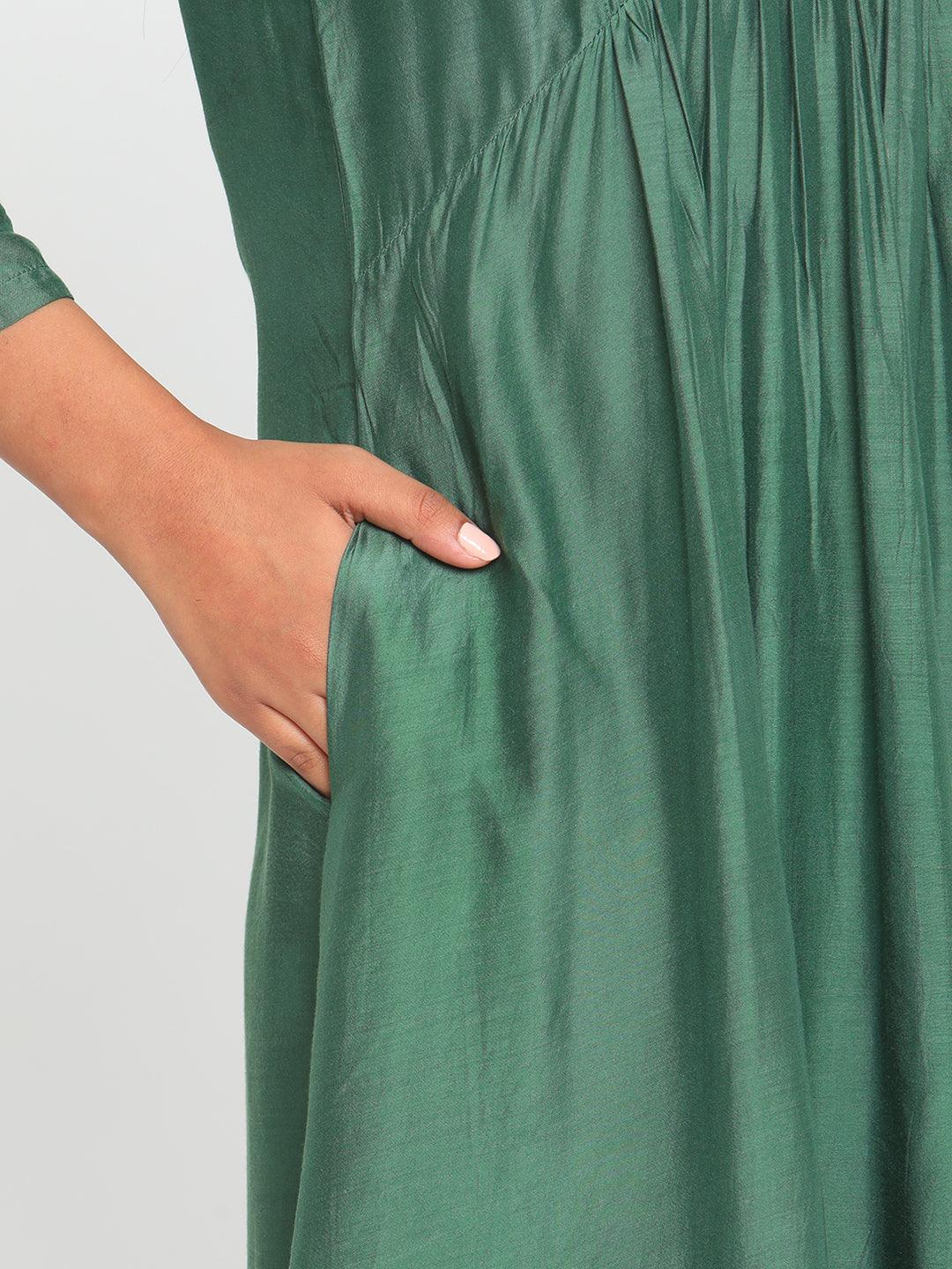 Silk Green Pintucks Flared Kurta Pant Set - trueBrowns