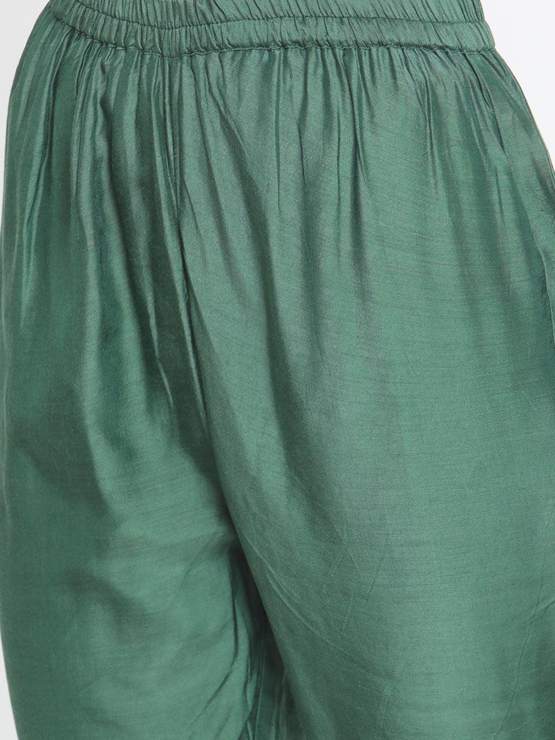 Silk Green Pintucks Flared Kurta Pant Set - trueBrowns