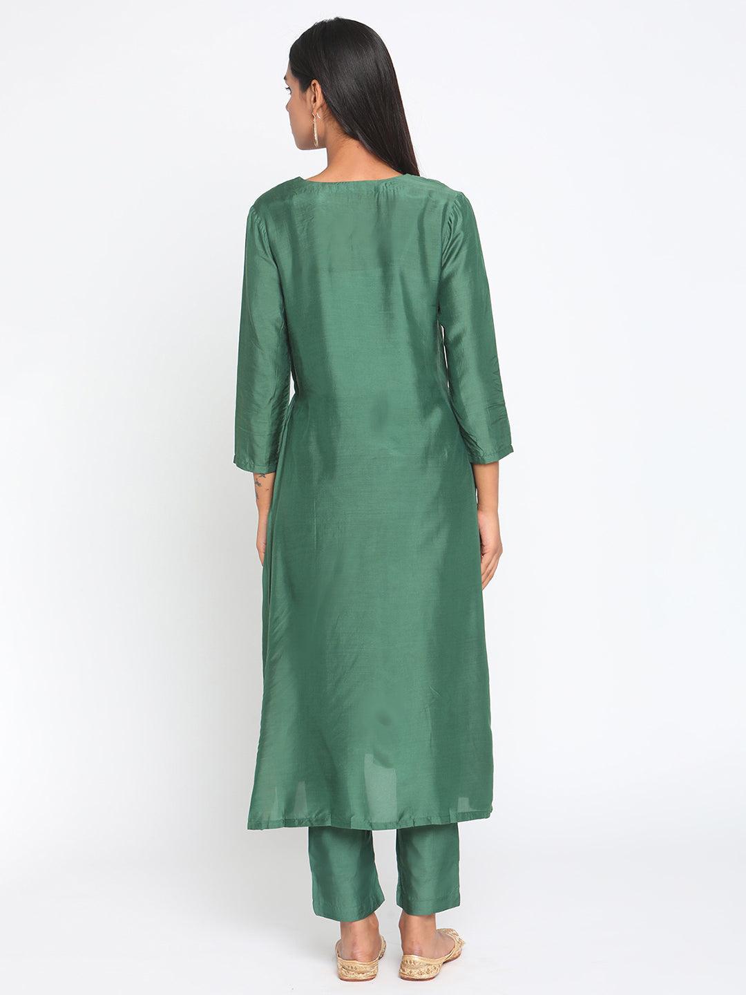 Silk Green Pintucks Flared Kurta Pant Set - trueBrowns