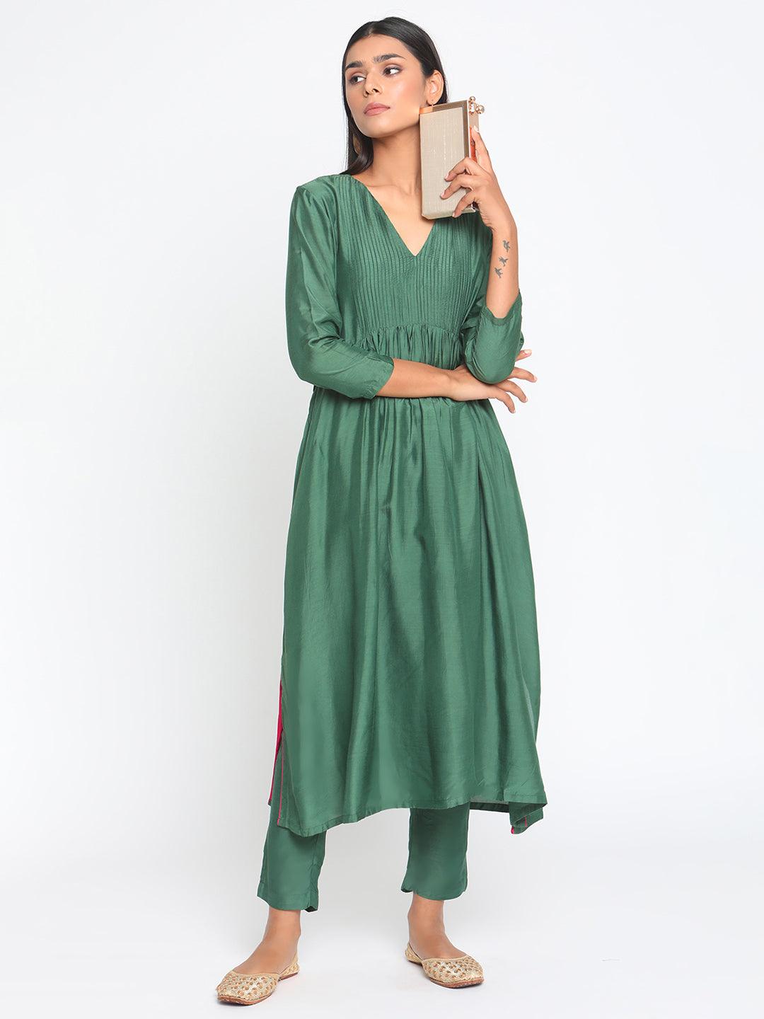 Silk Green Pintucks Flared Kurta Pant Set - trueBrowns