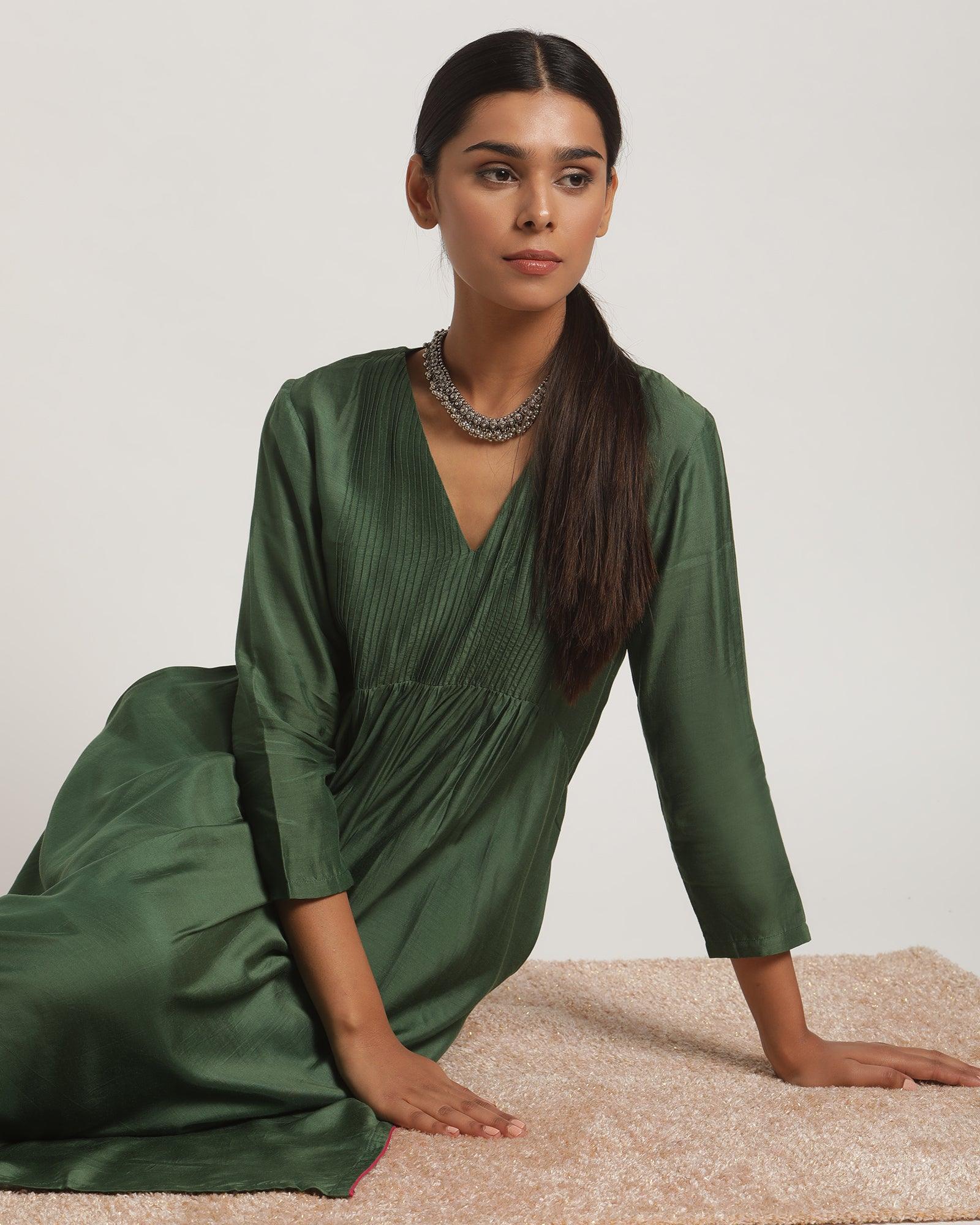 Silk Green Pintucks Flared Kurta Pant Set - trueBrowns