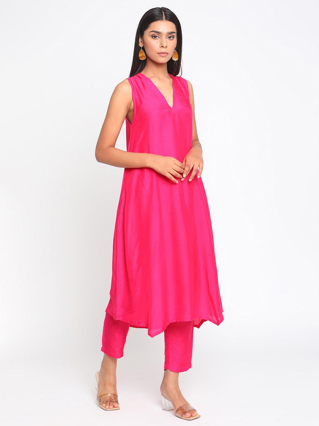 Silk Pink Sleeveless Kurta Pant Set - trueBrowns