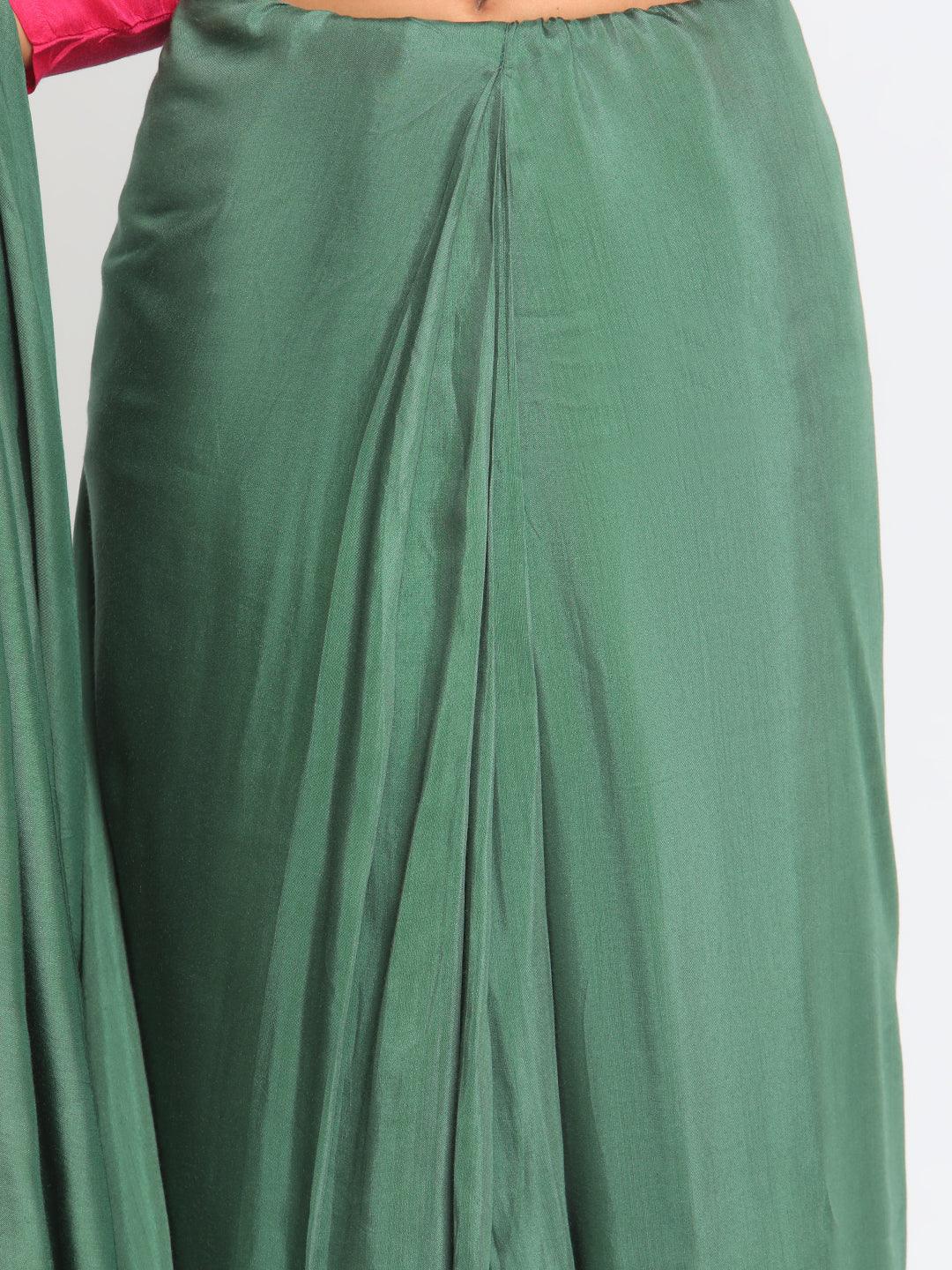 Silk Green Pink Ruffled Ready Pleated Saree - trueBrowns